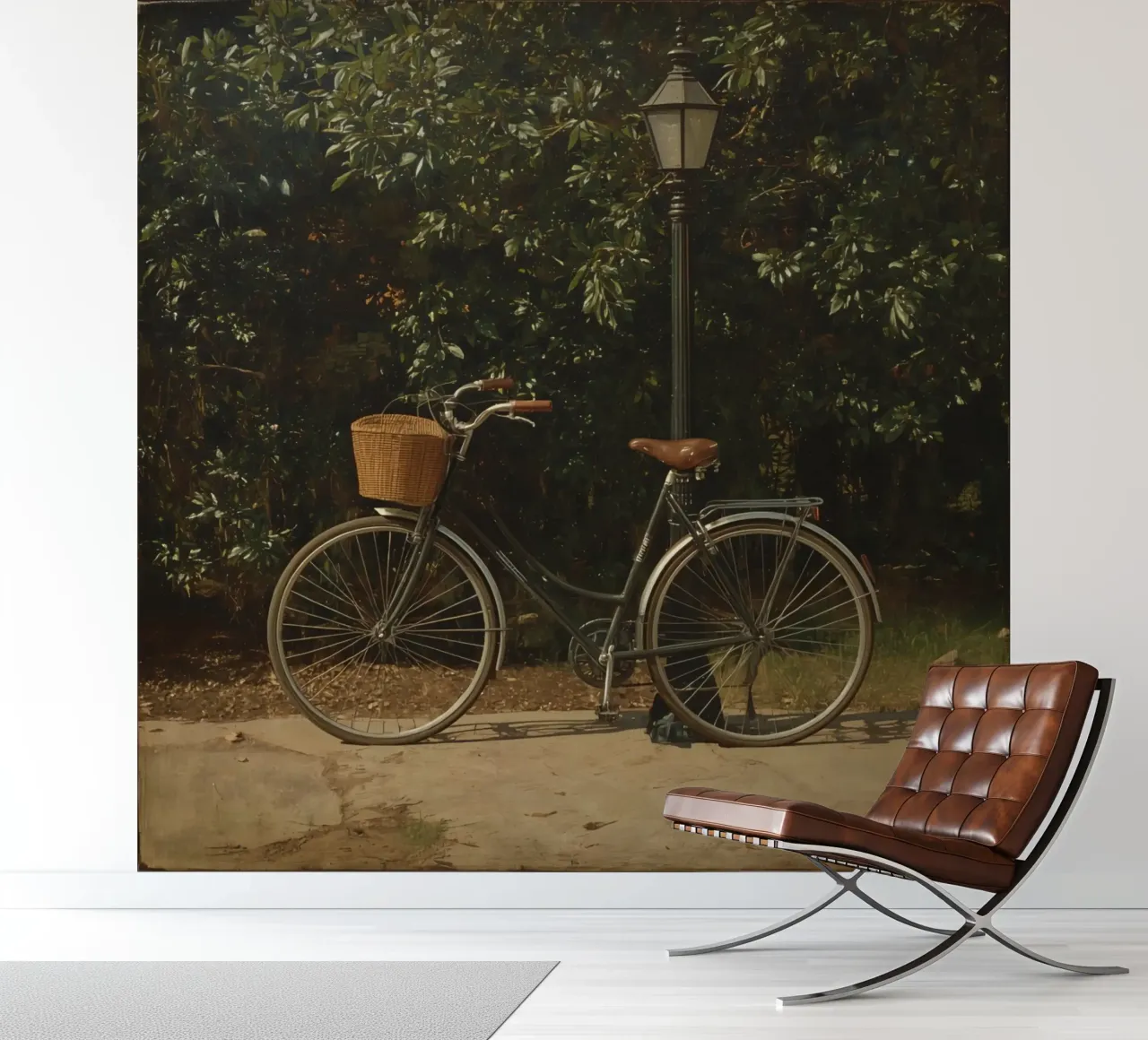 Bicicleta clásica aparcada junto a una farola en un exuberante exterior papel para pared de DesignDoodle