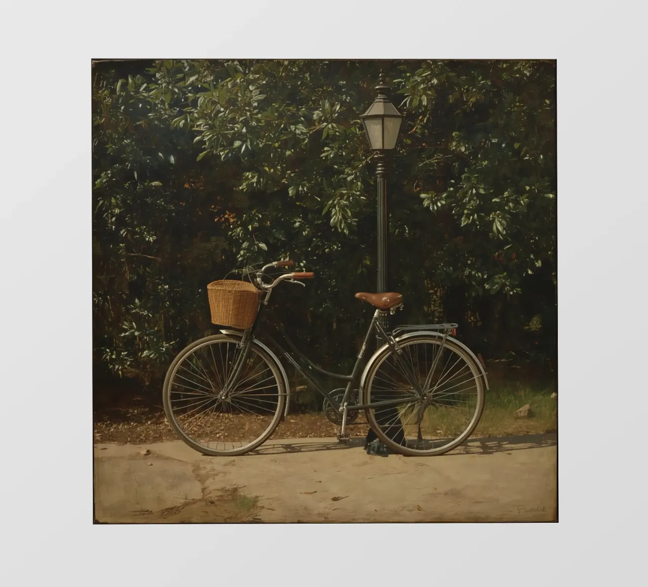 Bicicletta d'epoca parcheggiata accanto a un lampione in un lussureggiante spazio all'aperto telo in pvc da DesignDoodle