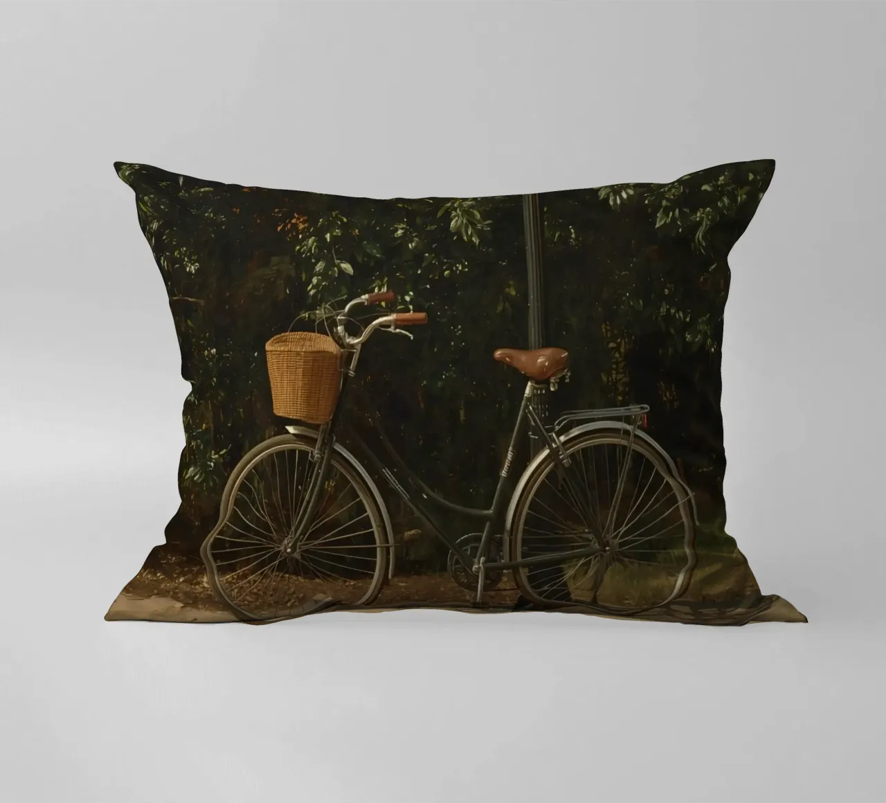 Bicicletta d'epoca parcheggiata accanto a un lampione in un lussureggiante spazio all'aperto cuscino da DesignDoodle