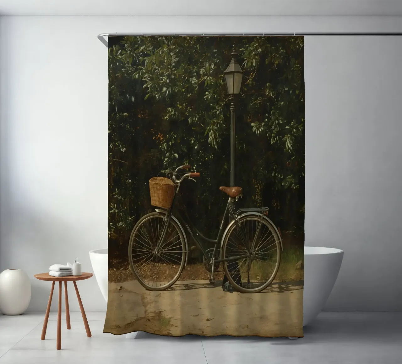 Bicicletta d'epoca parcheggiata accanto a un lampione in un lussureggiante spazio all'aperto tenda da doccia da DesignDoodle