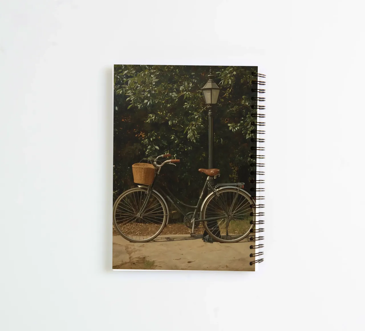 Bicicletta d'epoca parcheggiata accanto a un lampione in un lussureggiante spazio all'aperto diario ad anelli da DesignDoodle