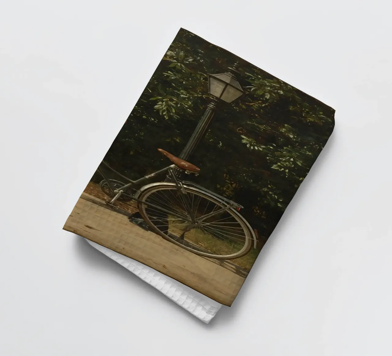 Bicicletta d'epoca parcheggiata accanto a un lampione in un lussureggiante spazio all'aperto canovaccio da cucina da DesignDoodle