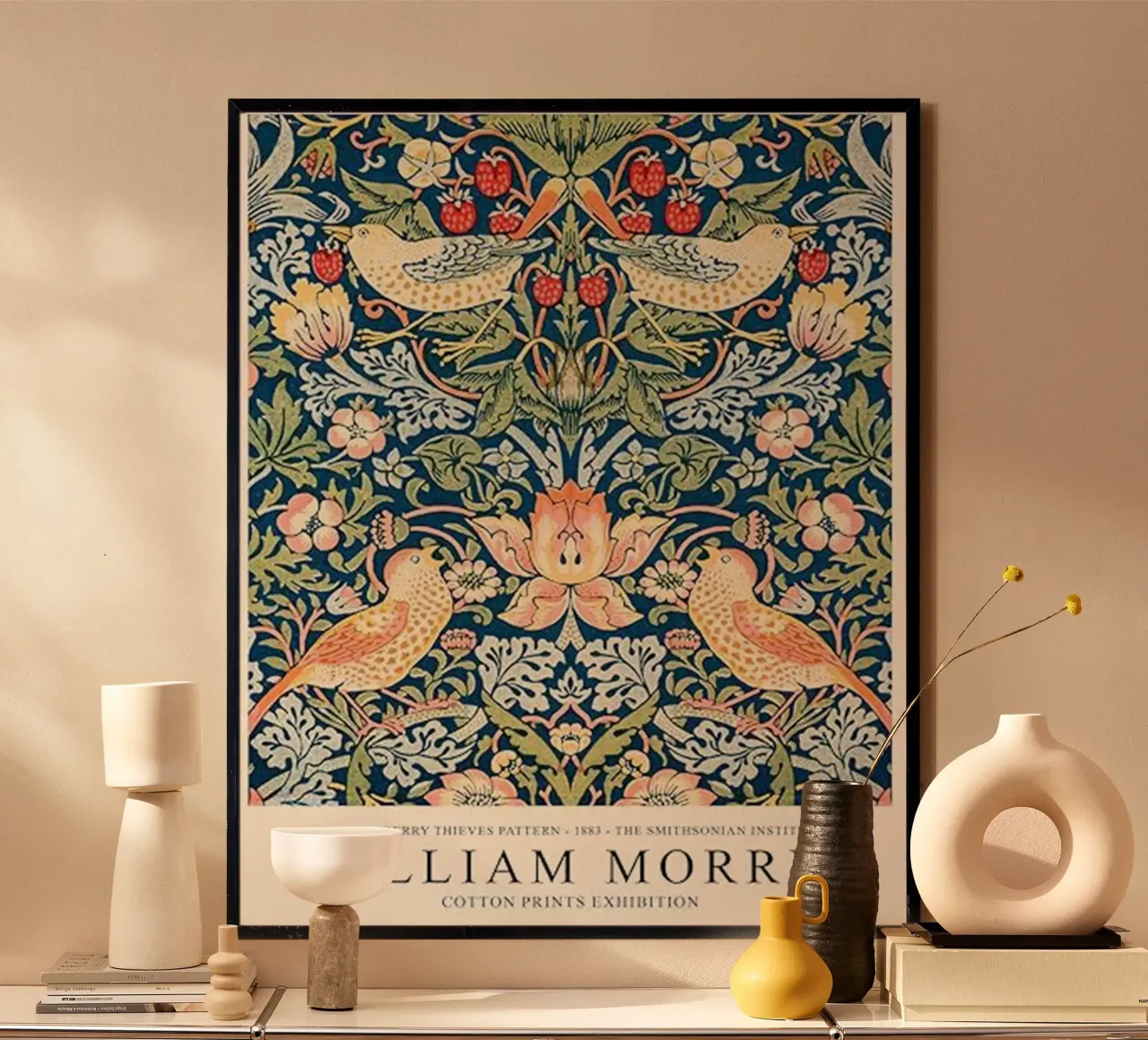 birds perched on the strawberry tree poster with wooden frame by Ropech Shop