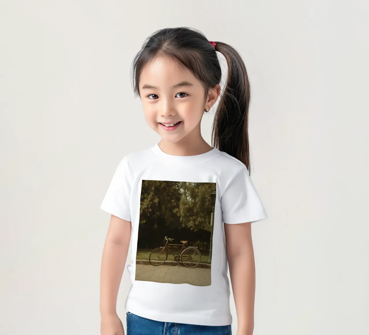 Classic bicycle resting by a lamppost in a green park kids t-shirt by DesignDoodle