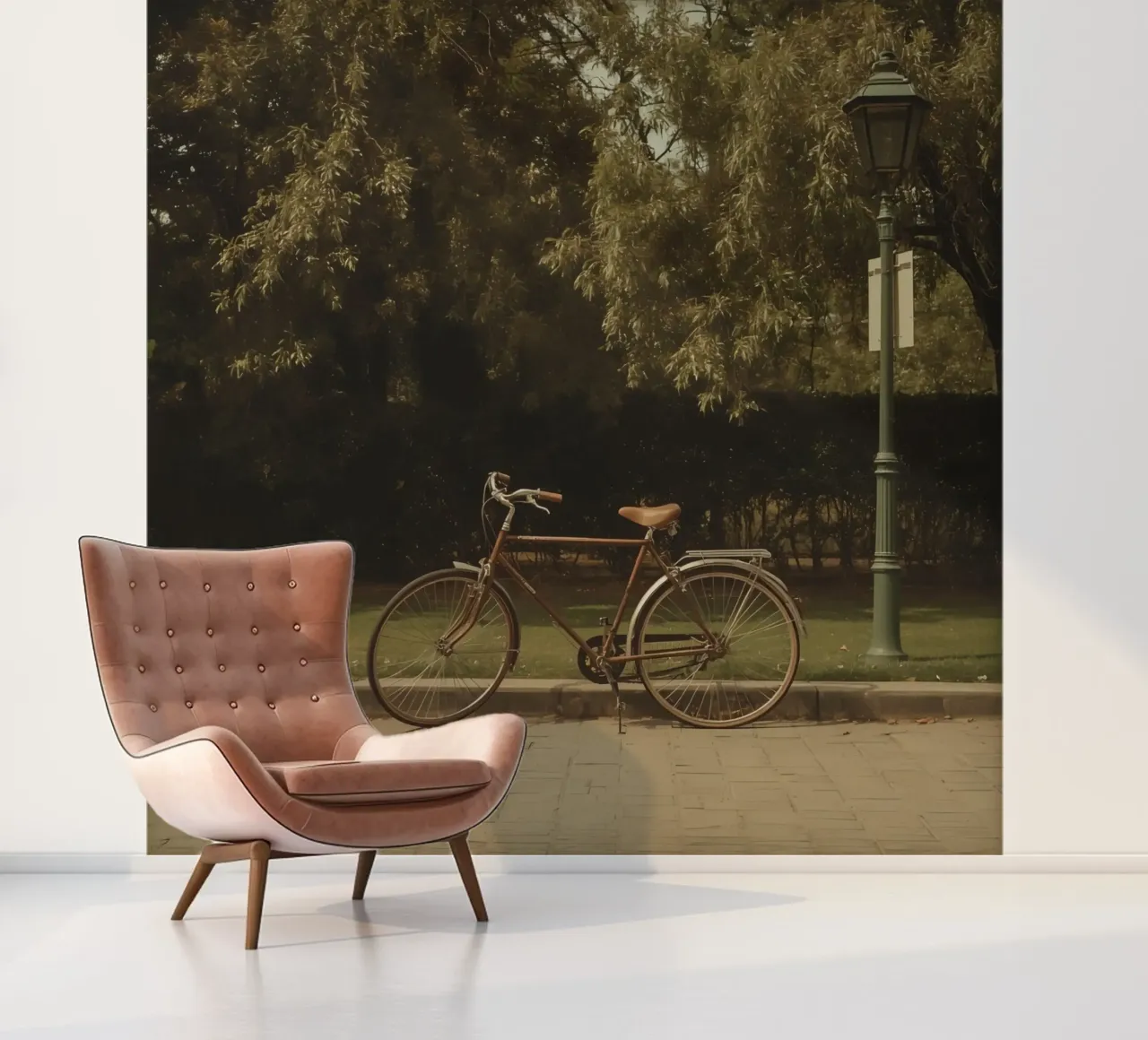 Vélo classique reposant près d'un lampadaire dans un parc verdoyant papier peint photo de DesignDoodle