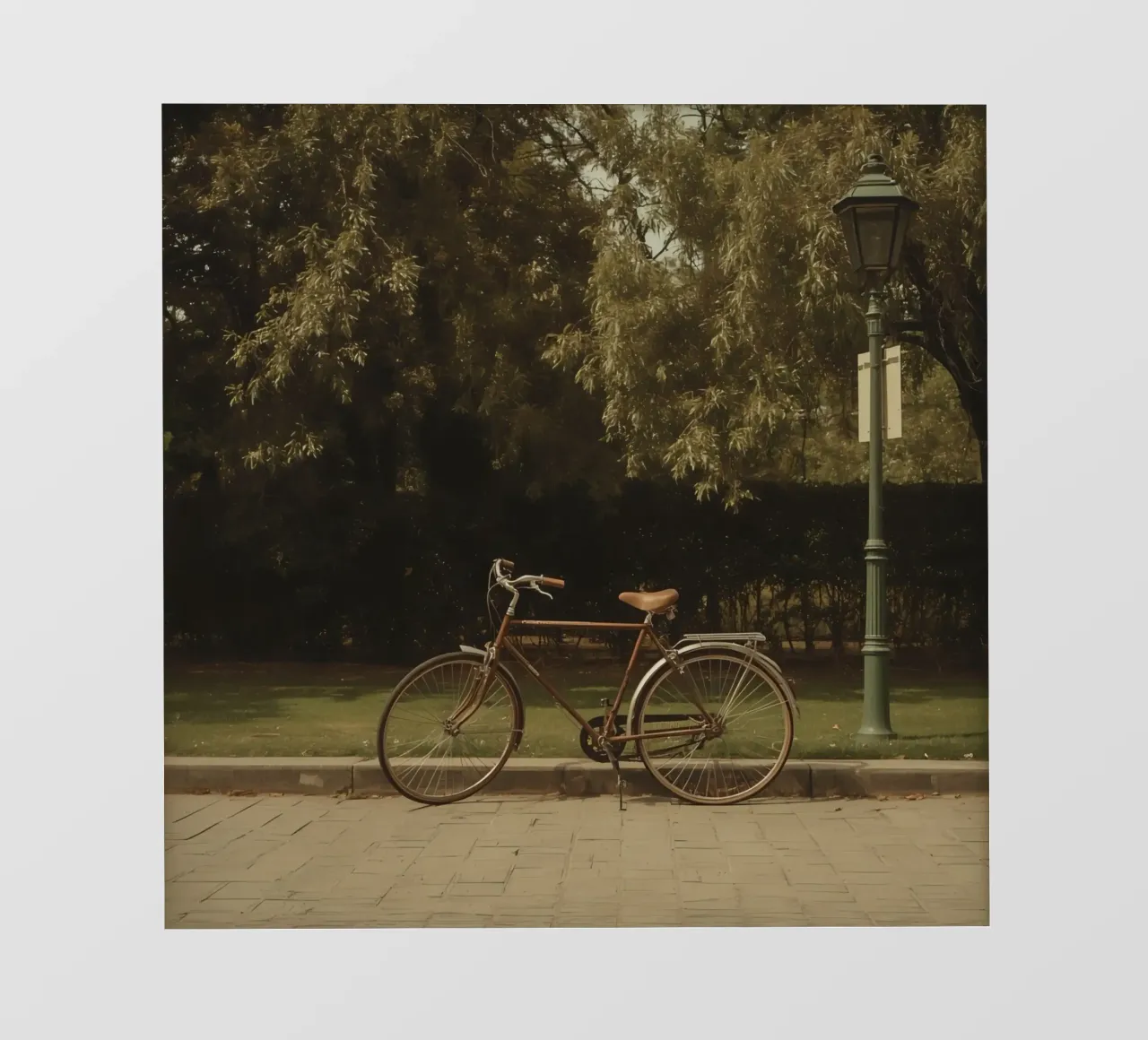 Vélo classique reposant près d'un lampadaire dans un parc verdoyant papier peint photo de DesignDoodle