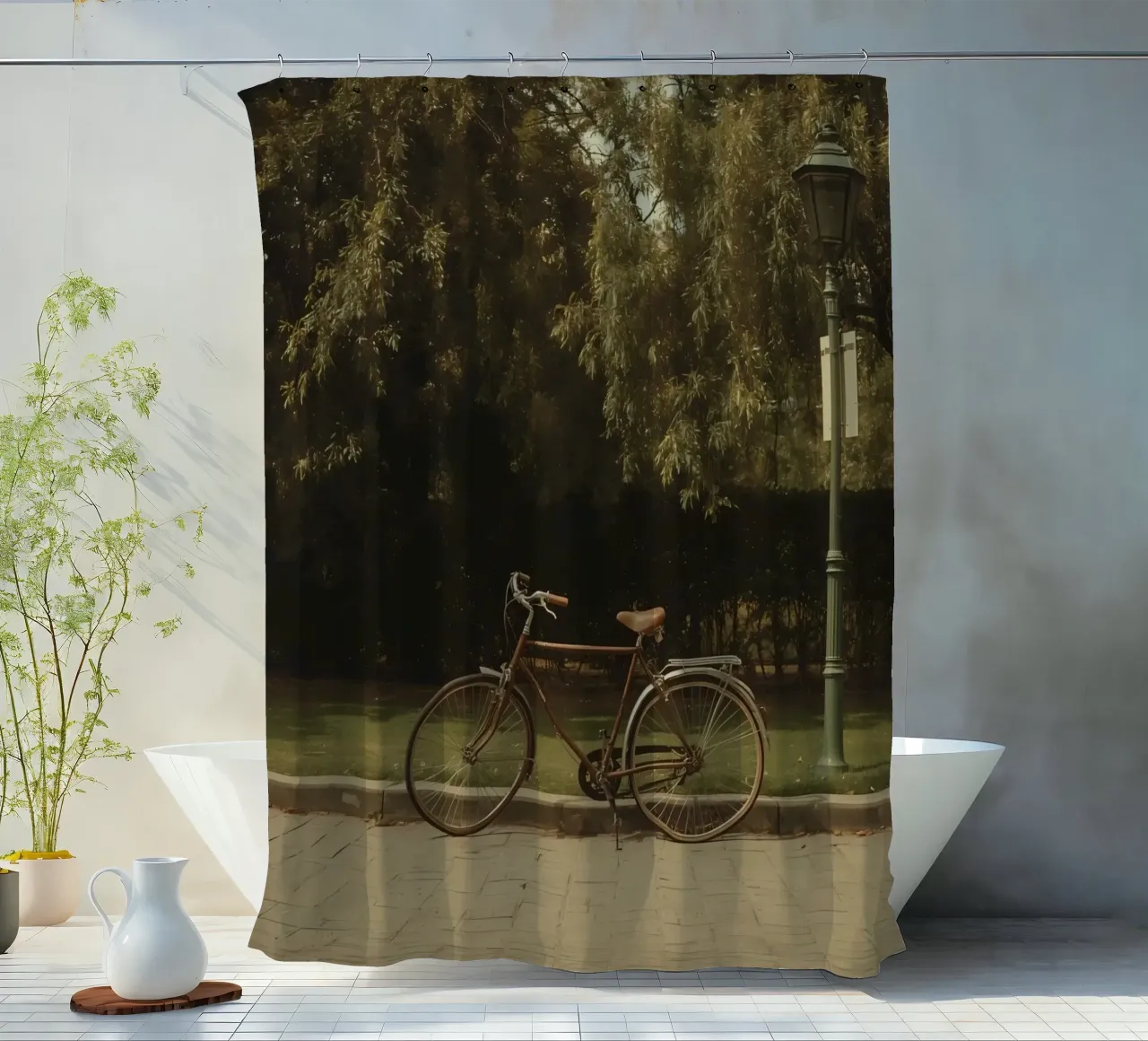 Bicicletta classica appoggiata a un lampione in un parco verde tenda da doccia da DesignDoodle
