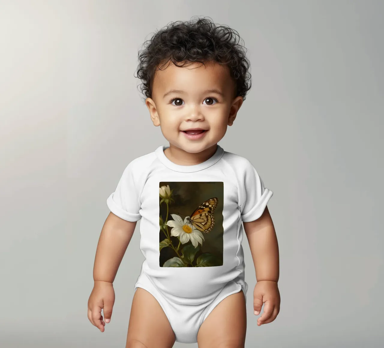 Farfalla che si posa su un fiore bianco con foglie verdi body neonato maniche corte da DesignDoodle