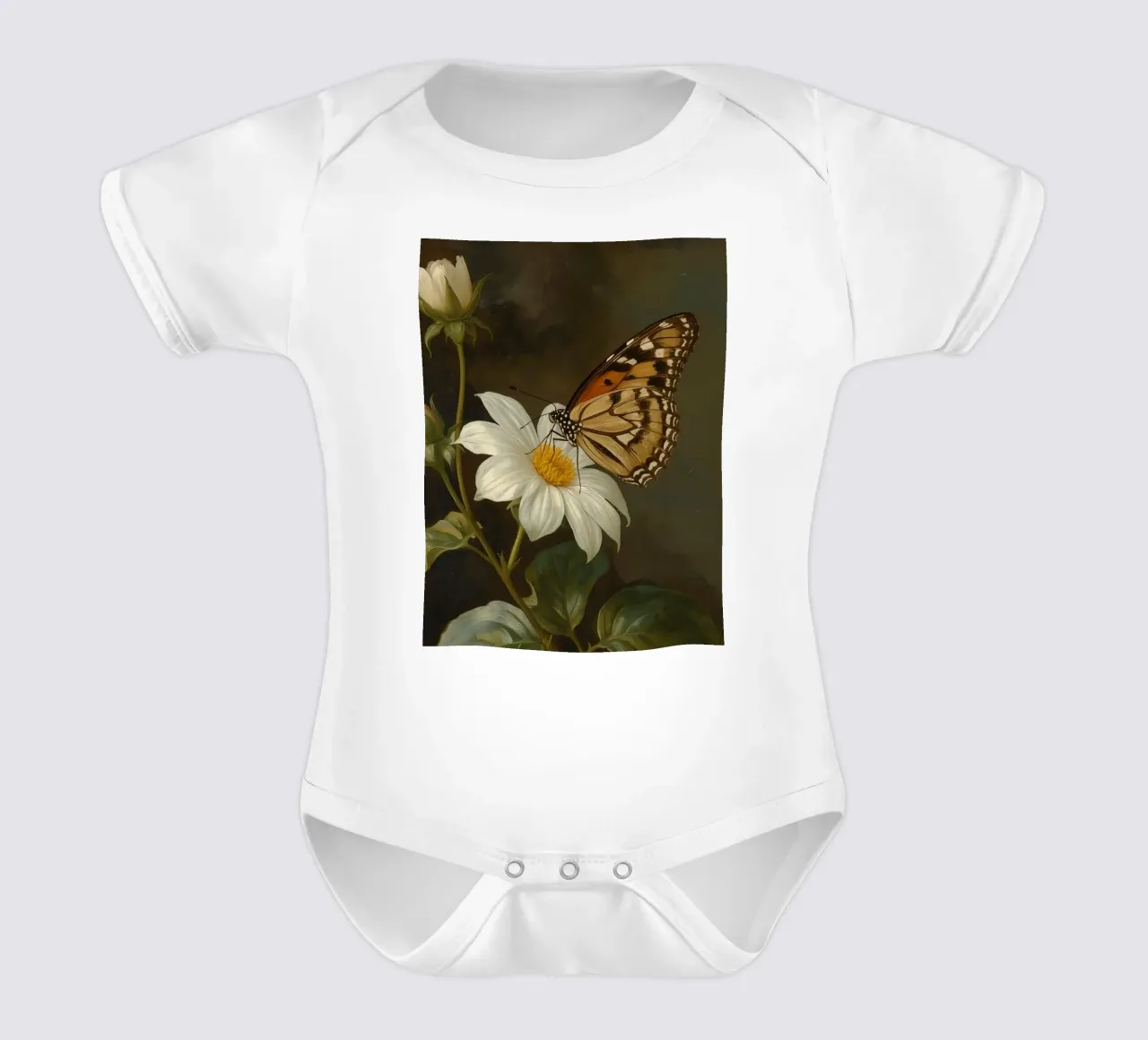 Farfalla che si posa su un fiore bianco con foglie verdi body neonato maniche corte da DesignDoodle