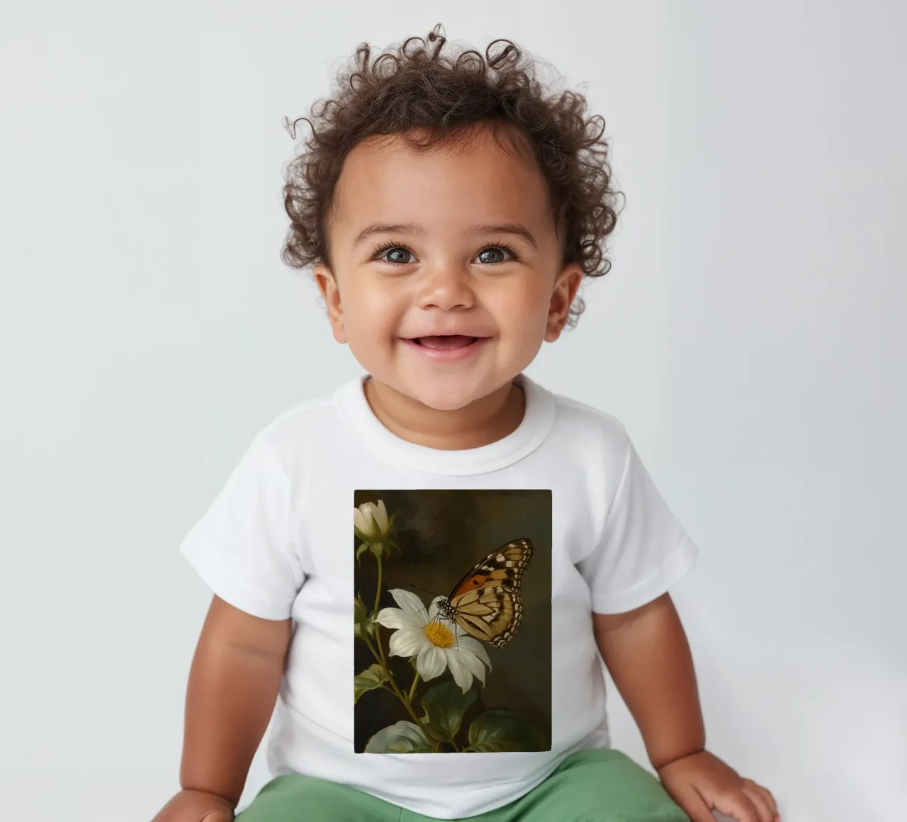Farfalla che si posa su un fiore bianco con foglie verdi maglietta neonato da DesignDoodle