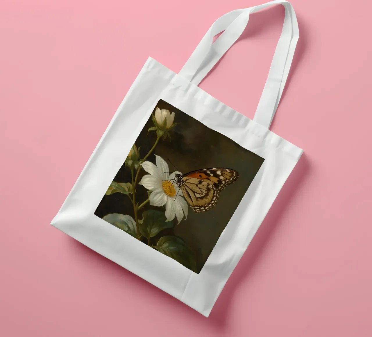 Farfalla che si posa su un fiore bianco con foglie verdi borsa in juta da DesignDoodle