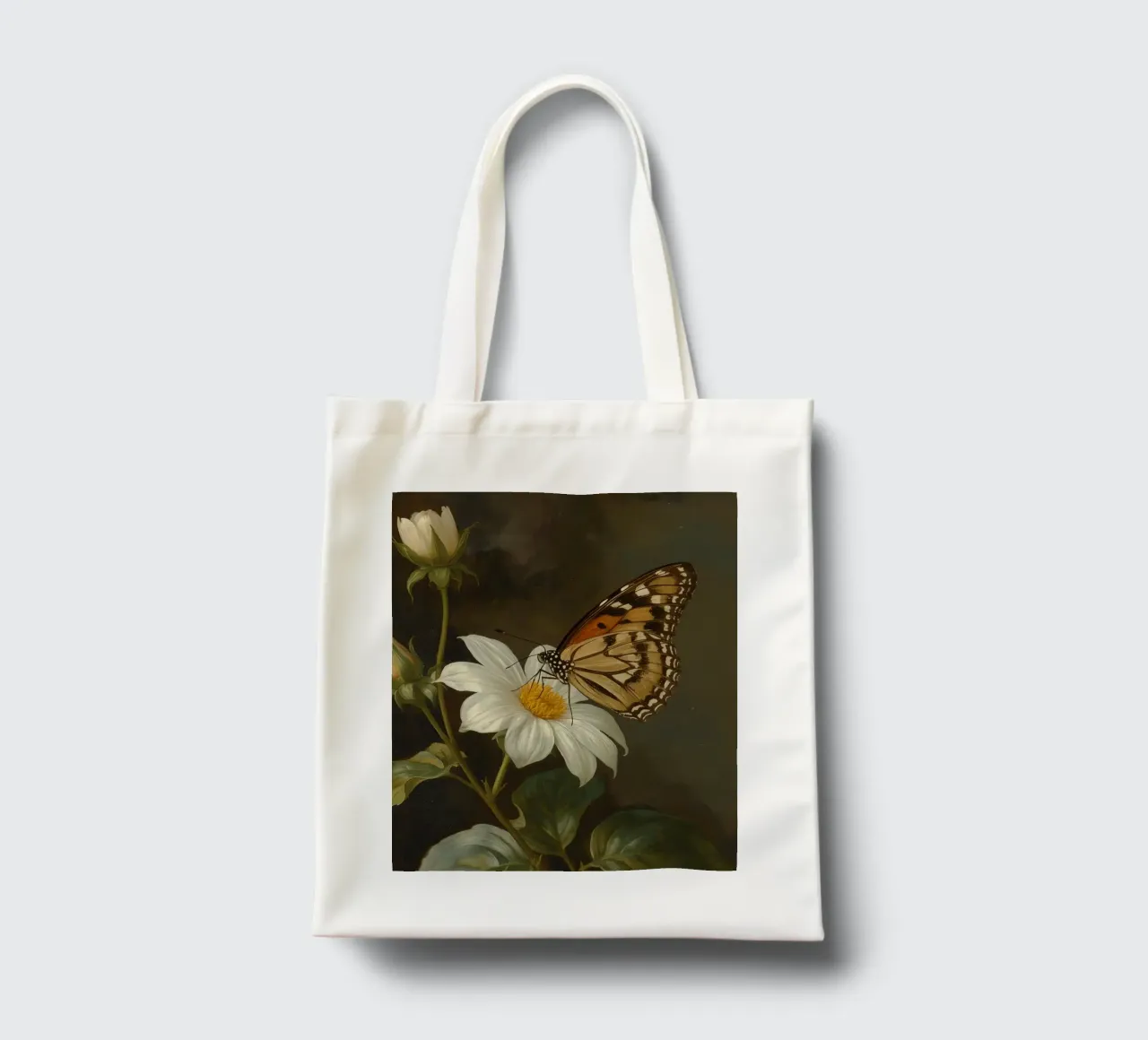 Farfalla che si posa su un fiore bianco con foglie verdi borsa in juta da DesignDoodle