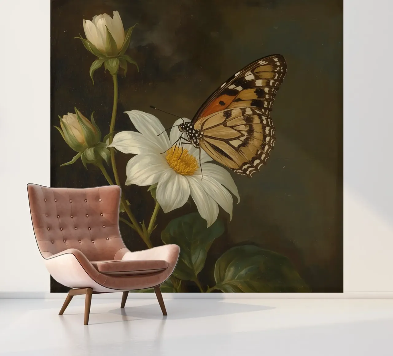 Butterfly resting on white flower with green leaves photo wallpaper by DesignDoodle