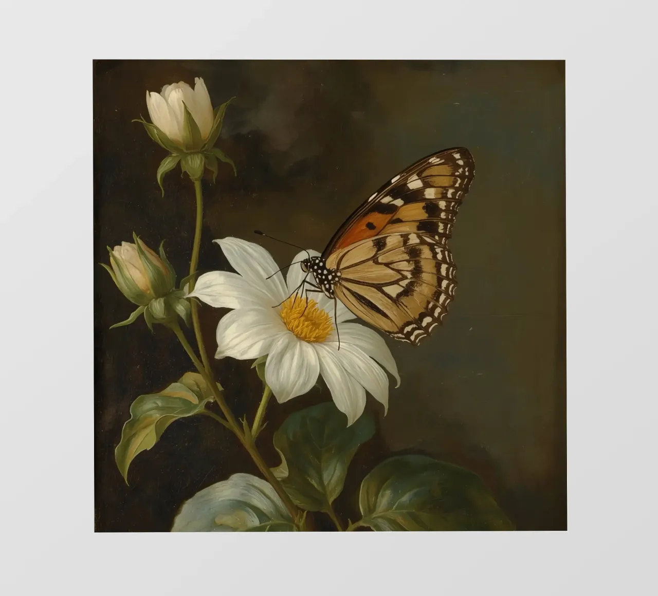 Butterfly resting on white flower with green leaves photo wallpaper by DesignDoodle