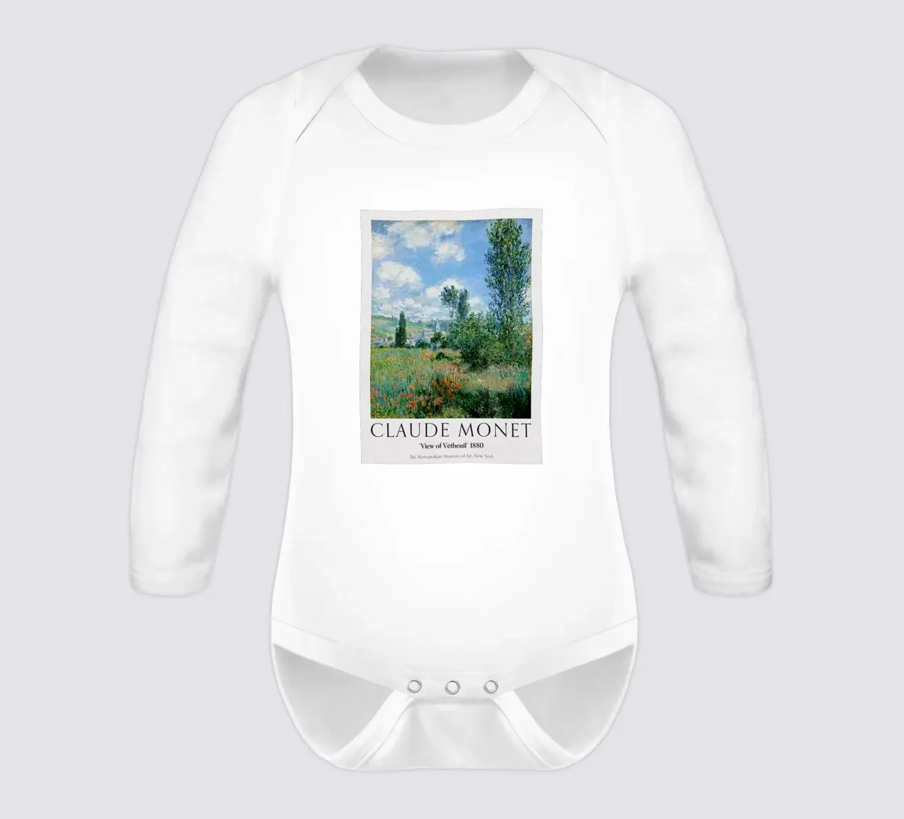 Poster Claude Monet long-sleeve baby romper by https://www.juniqe.com/uk/shop/Henndraws