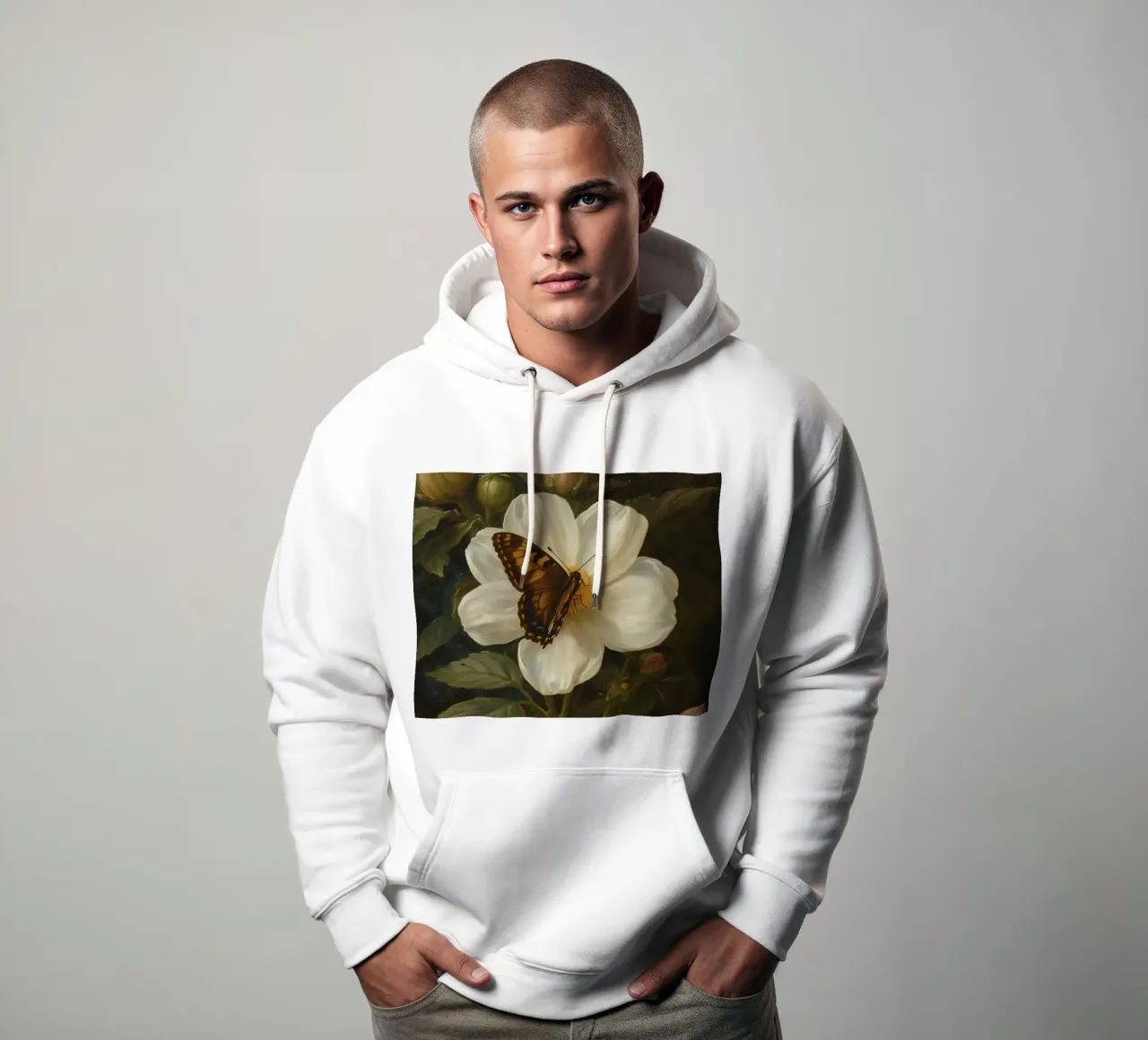 Dipinto a olio di farfalla che si posa su un fiore bianco felpa con cappuccio da DesignDoodle