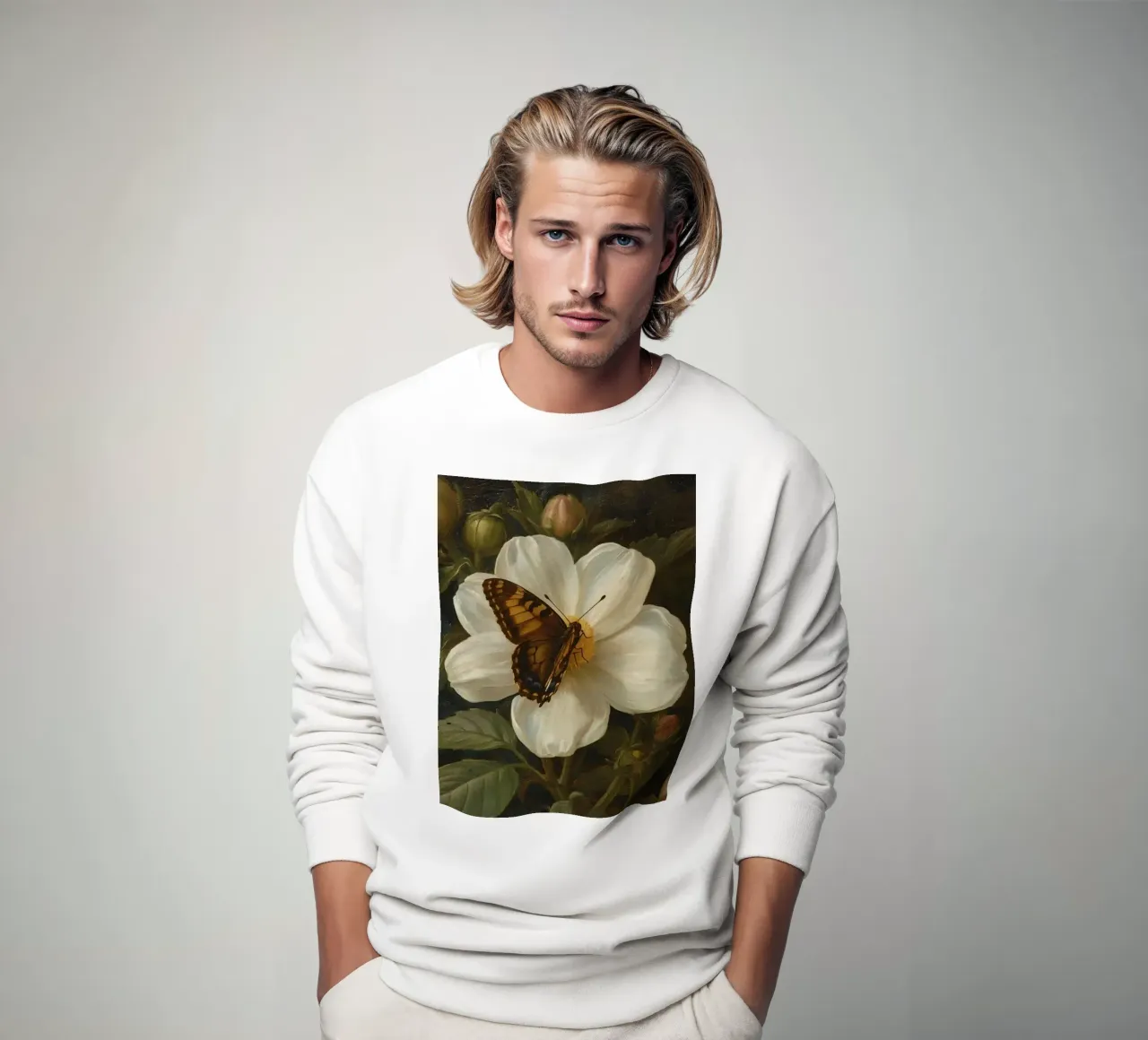 Dipinto a olio di farfalla che si posa su un fiore bianco felpa da DesignDoodle