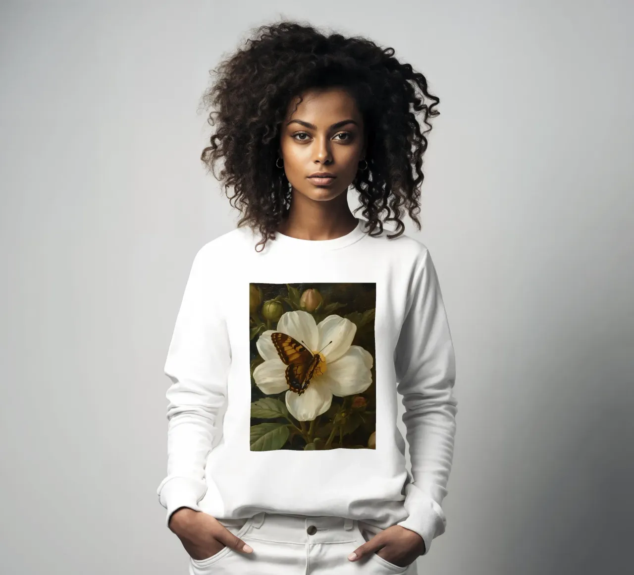 Dipinto a olio di farfalla che si posa su un fiore bianco felpa da DesignDoodle
