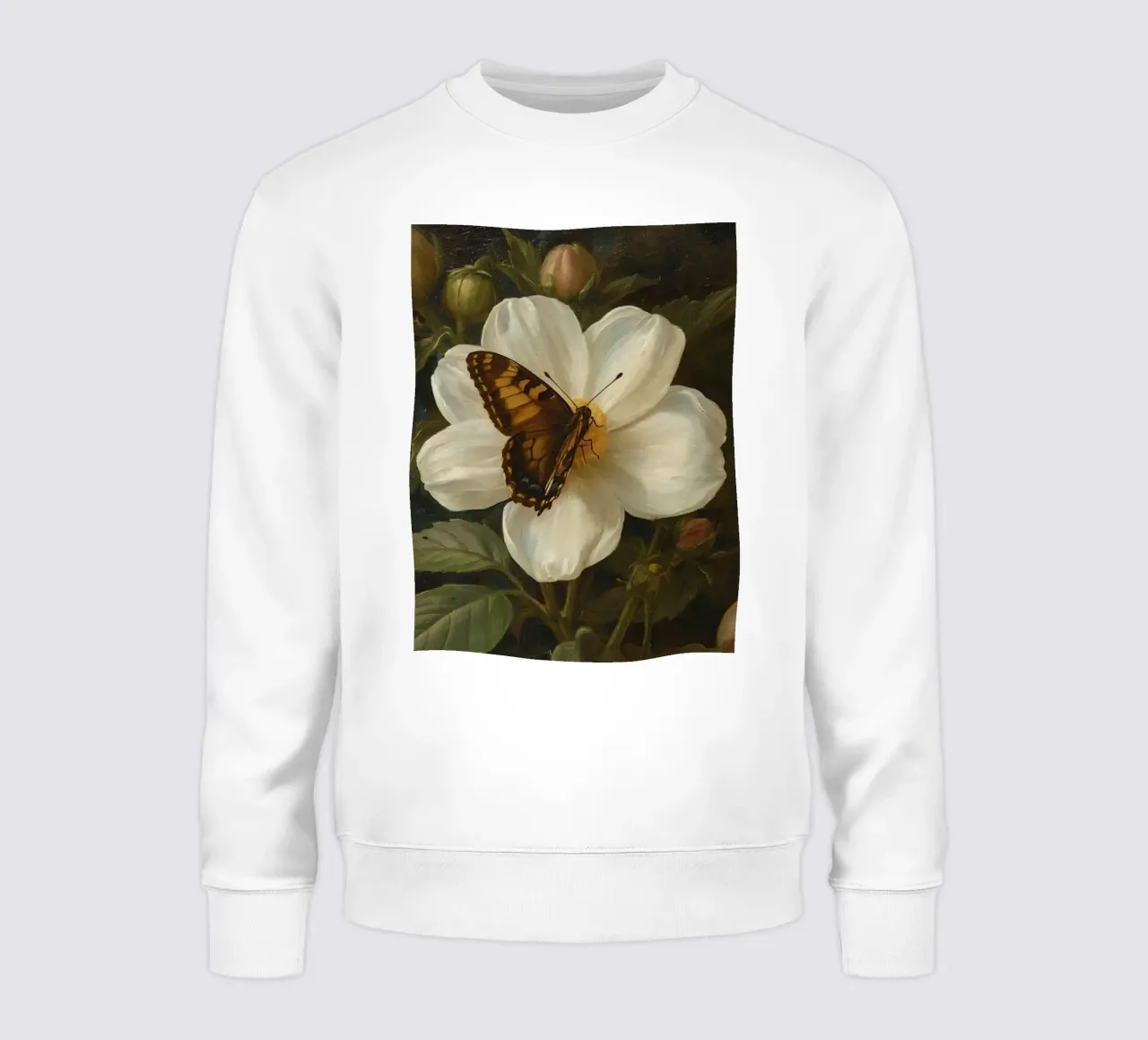 Dipinto a olio di farfalla che si posa su un fiore bianco felpa da DesignDoodle