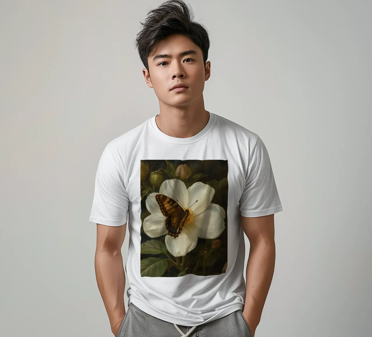 Dipinto a olio di farfalla che si posa su un fiore bianco t-shirt da DesignDoodle