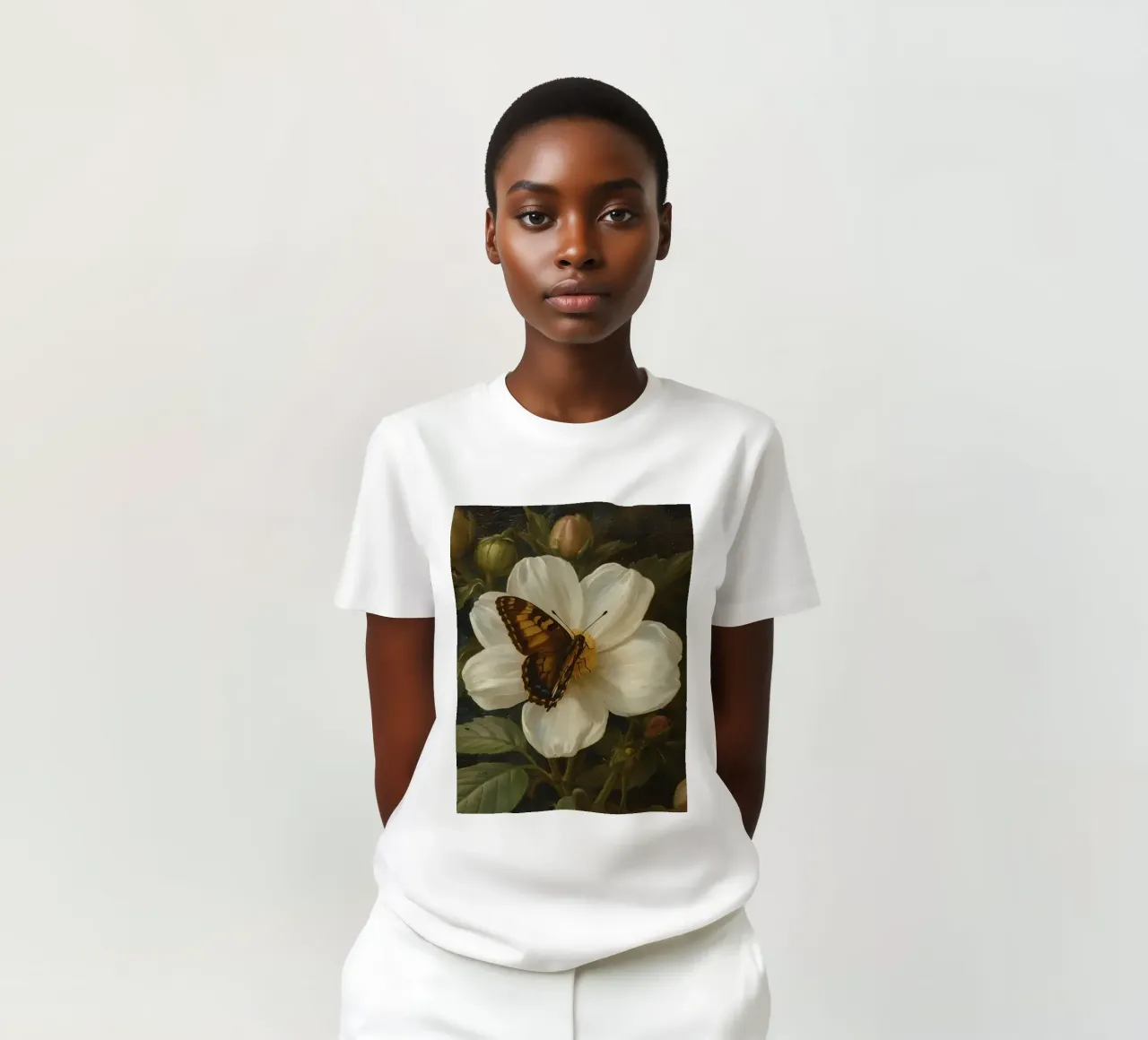 Dipinto a olio di farfalla che si posa su un fiore bianco t-shirt da DesignDoodle