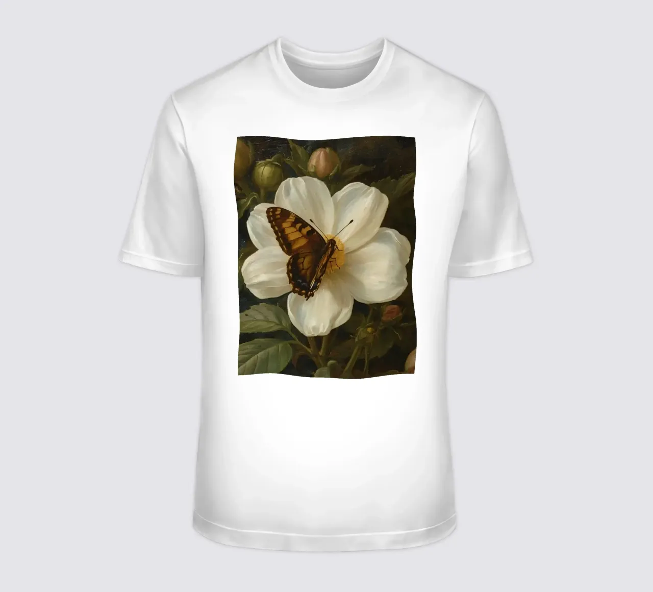 Dipinto a olio di farfalla che si posa su un fiore bianco t-shirt da DesignDoodle