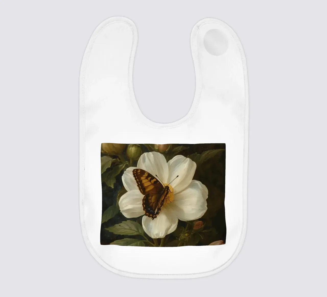 Dipinto a olio di farfalla che si posa su un fiore bianco bavaglino da DesignDoodle