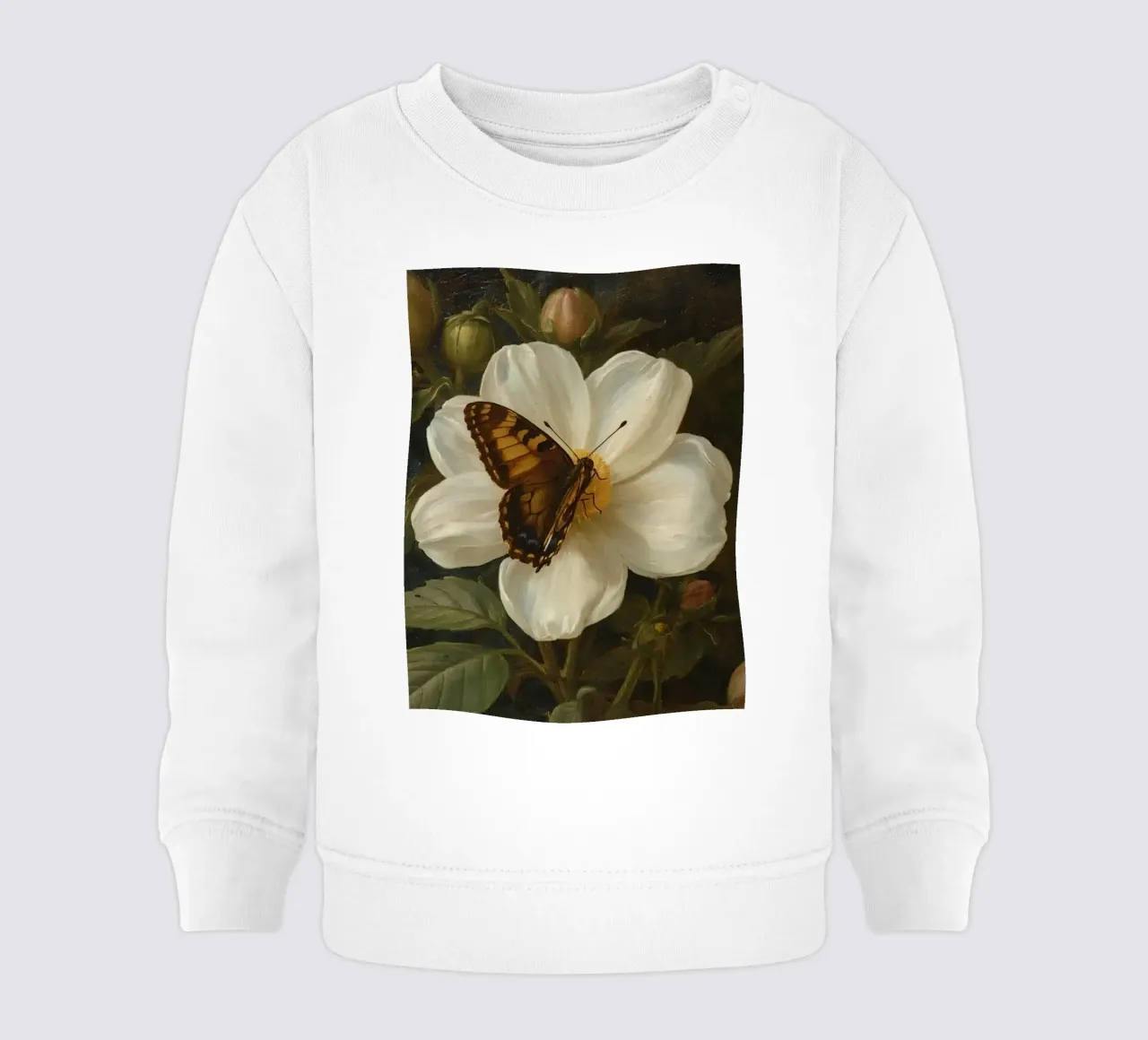 Dipinto a olio di farfalla che si posa su un fiore bianco felpa neonato da DesignDoodle