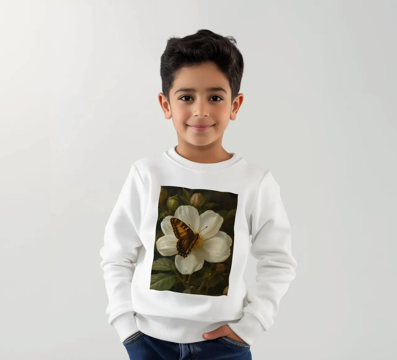 Dipinto a olio di farfalla che si posa su un fiore bianco felpa bambino da DesignDoodle