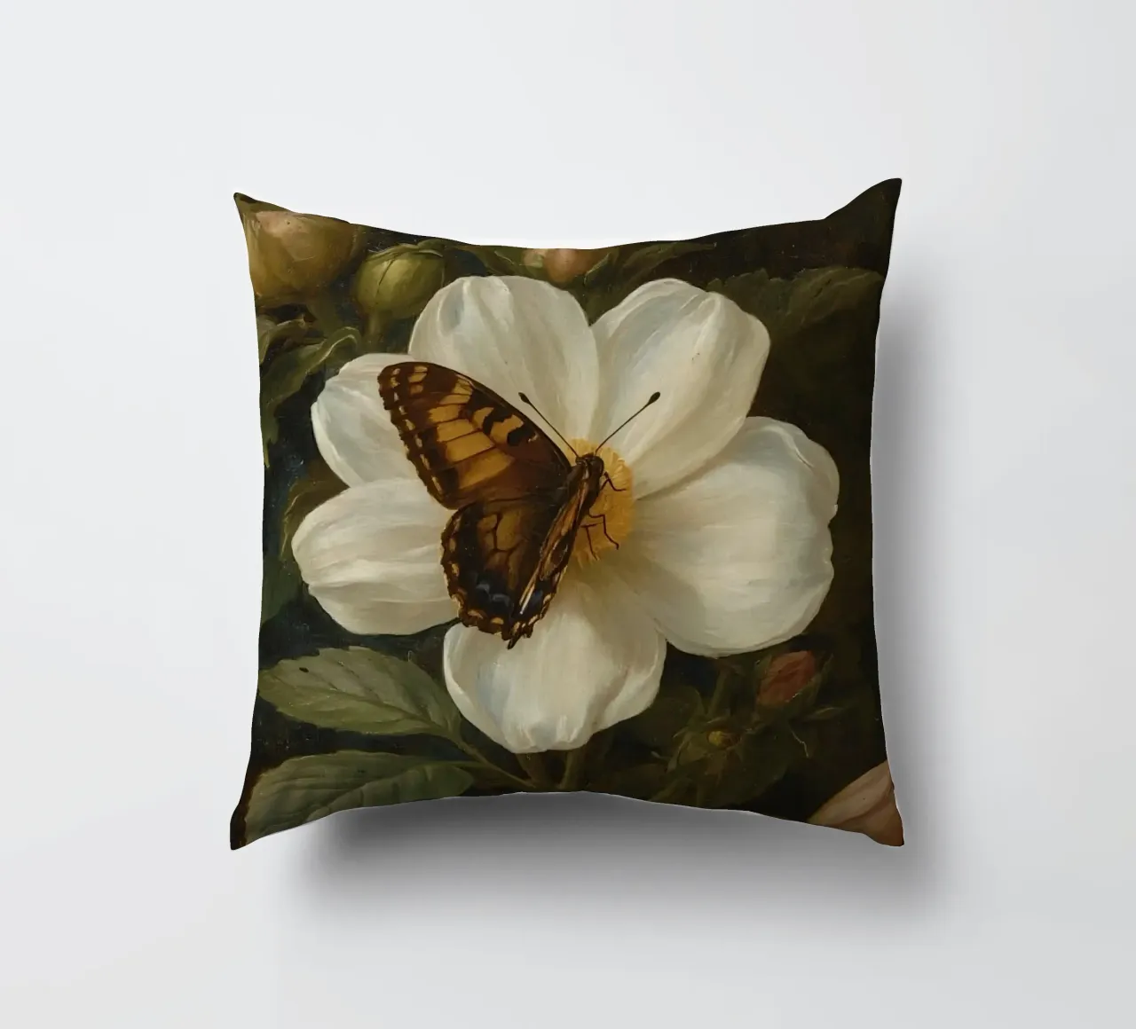 Dipinto a olio di farfalla che si posa su un fiore bianco cuscino da DesignDoodle