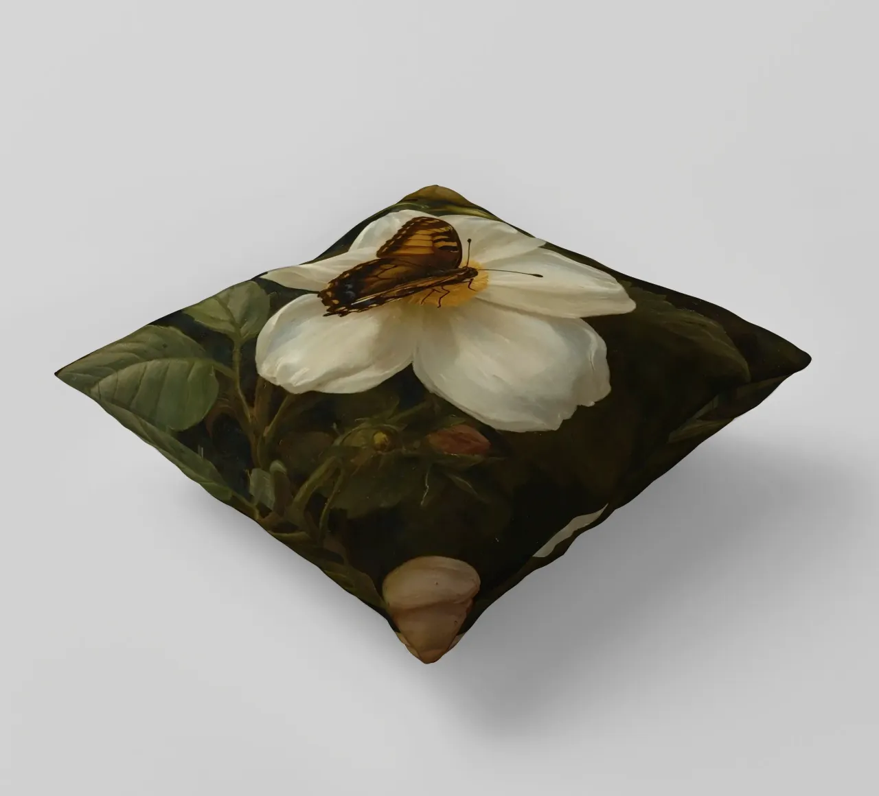 Dipinto a olio di farfalla che si posa su un fiore bianco cuscino da DesignDoodle