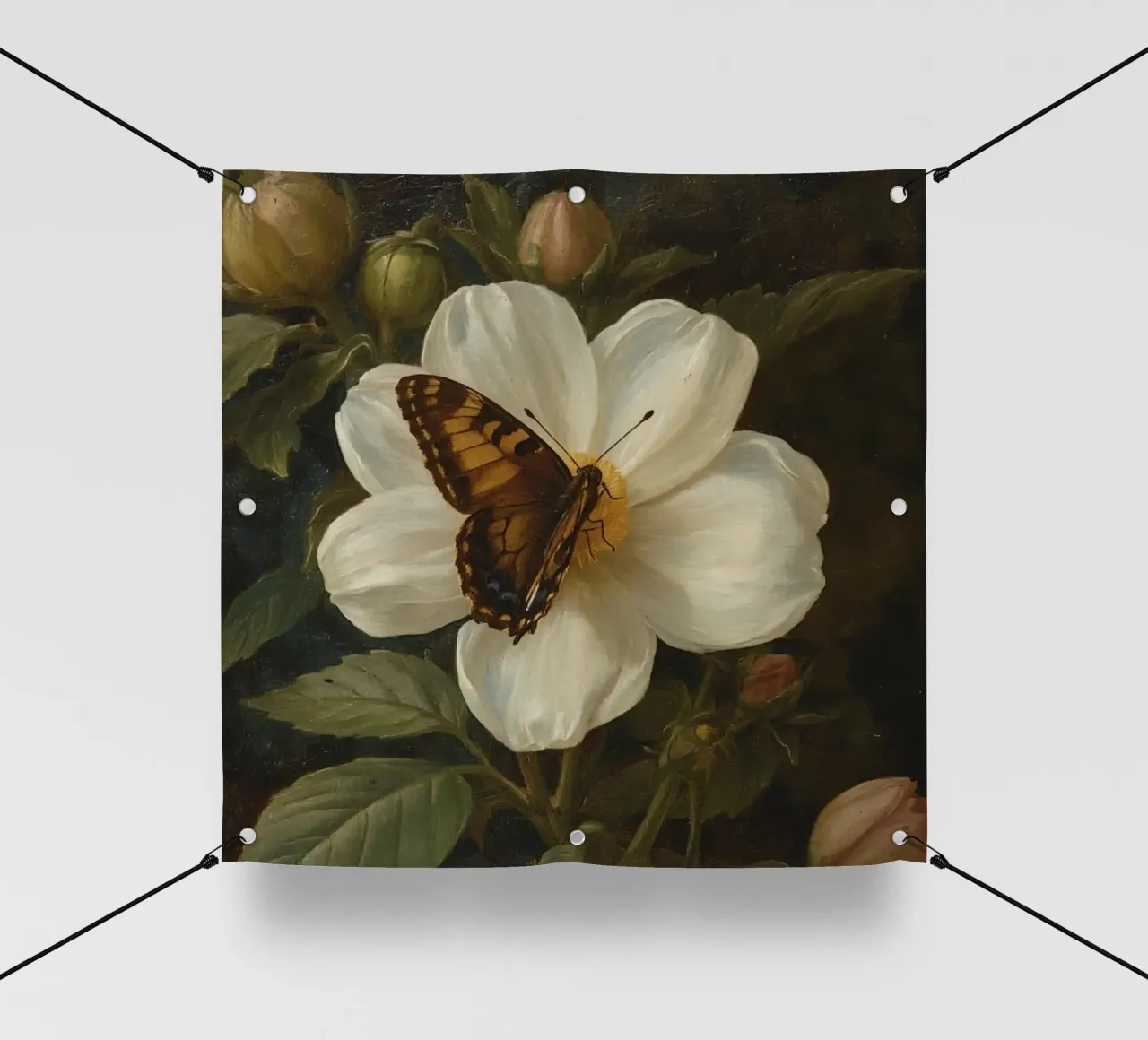 Dipinto a olio di farfalla che si posa su un fiore bianco telo in pvc da DesignDoodle