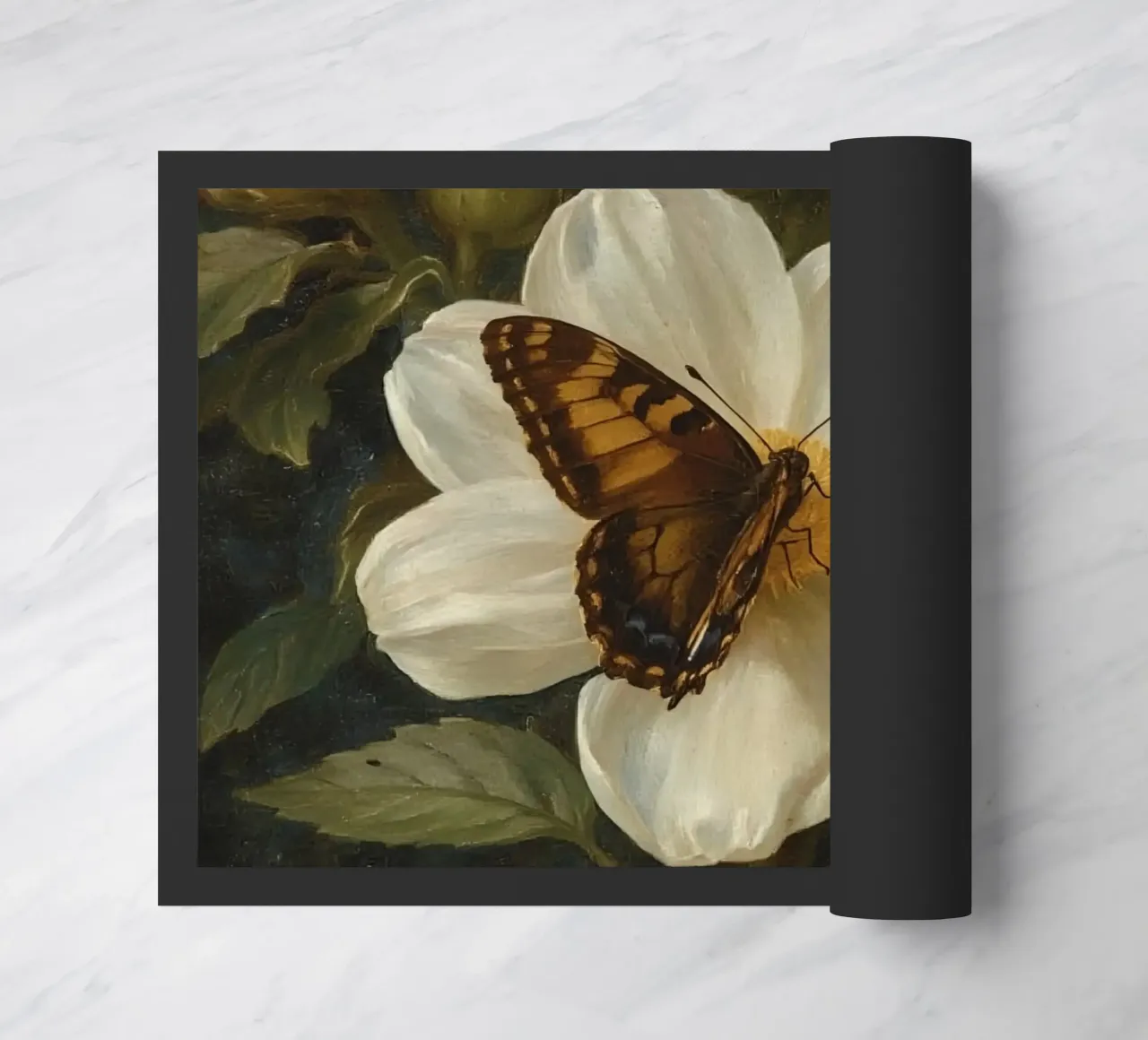 Dipinto a olio di farfalla che si posa su un fiore bianco zerbino da DesignDoodle