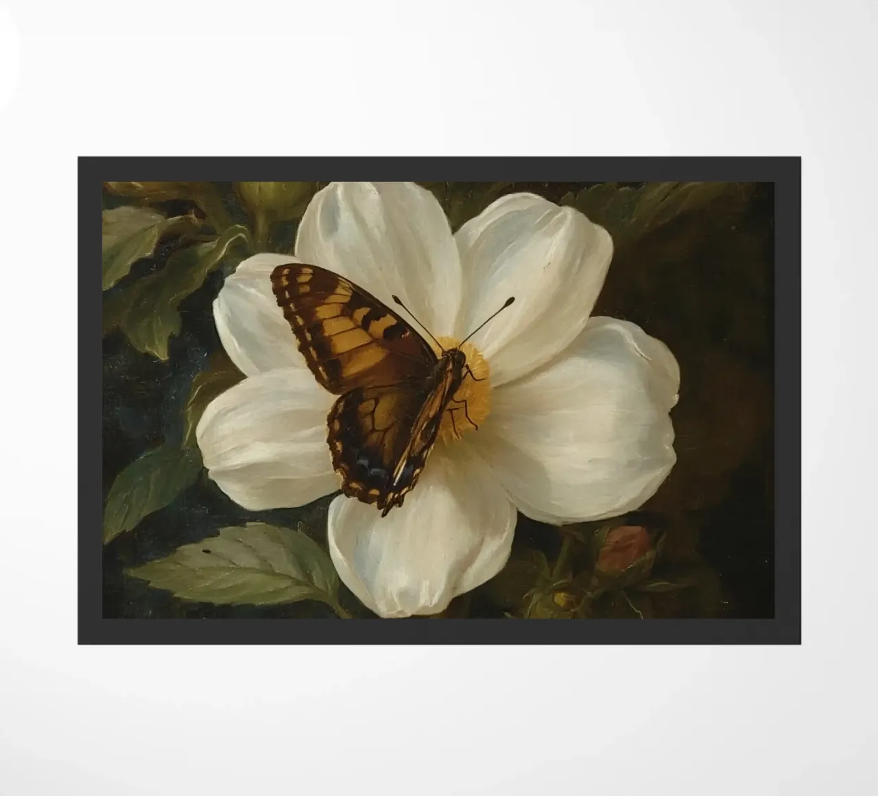 Dipinto a olio di farfalla che si posa su un fiore bianco zerbino da DesignDoodle
