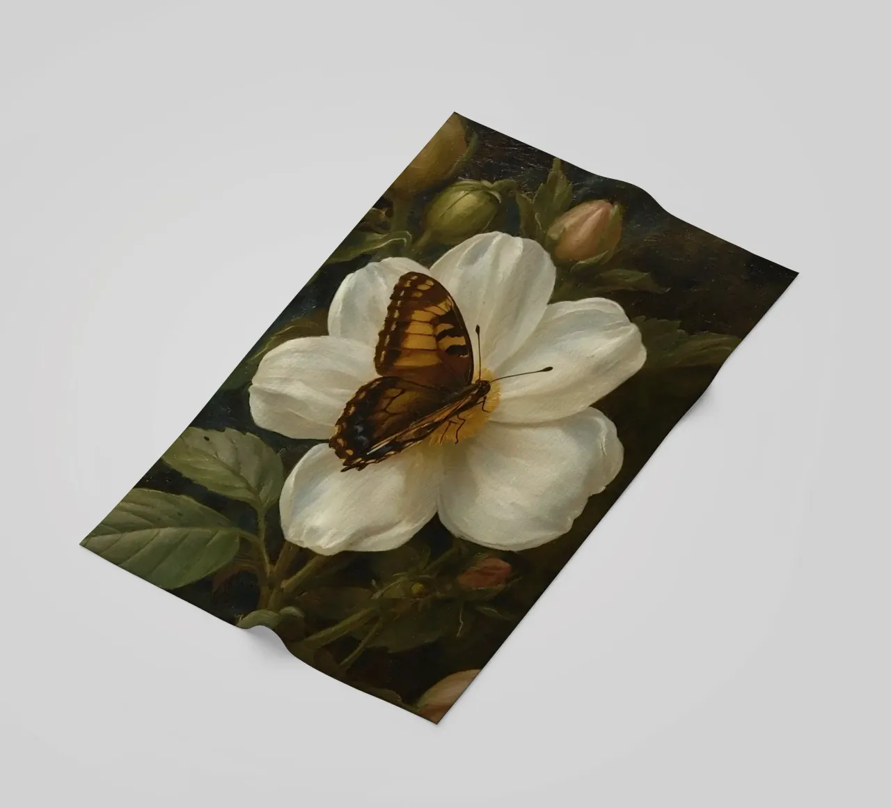 Dipinto a olio di farfalla che si posa su un fiore bianco telo mare da DesignDoodle
