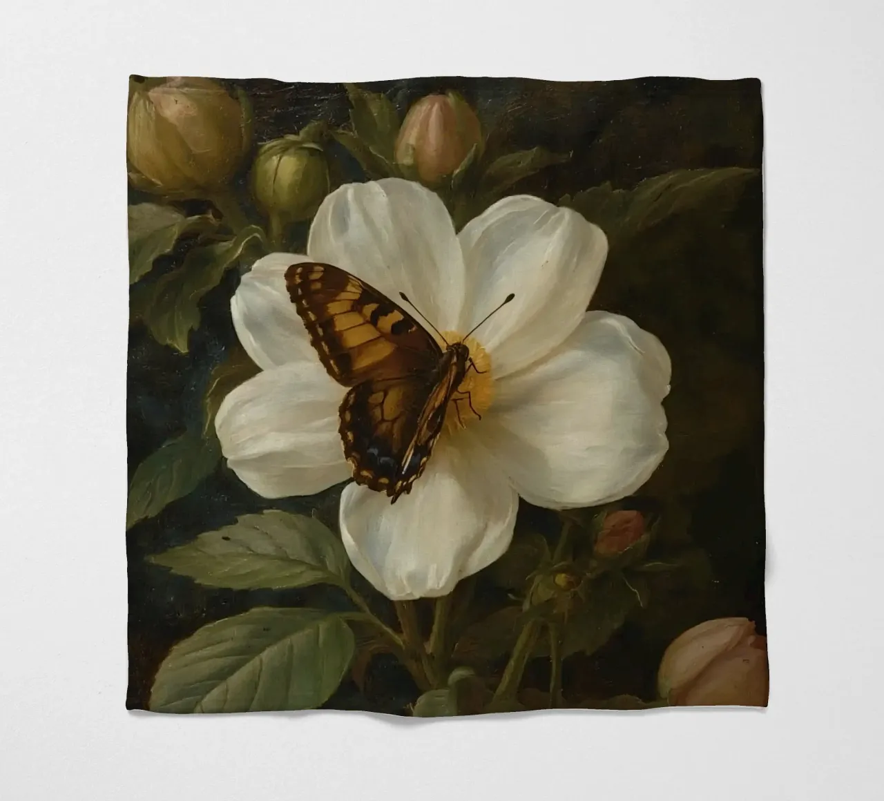 Dipinto a olio di farfalla che si posa su un fiore bianco coperta in pile da DesignDoodle