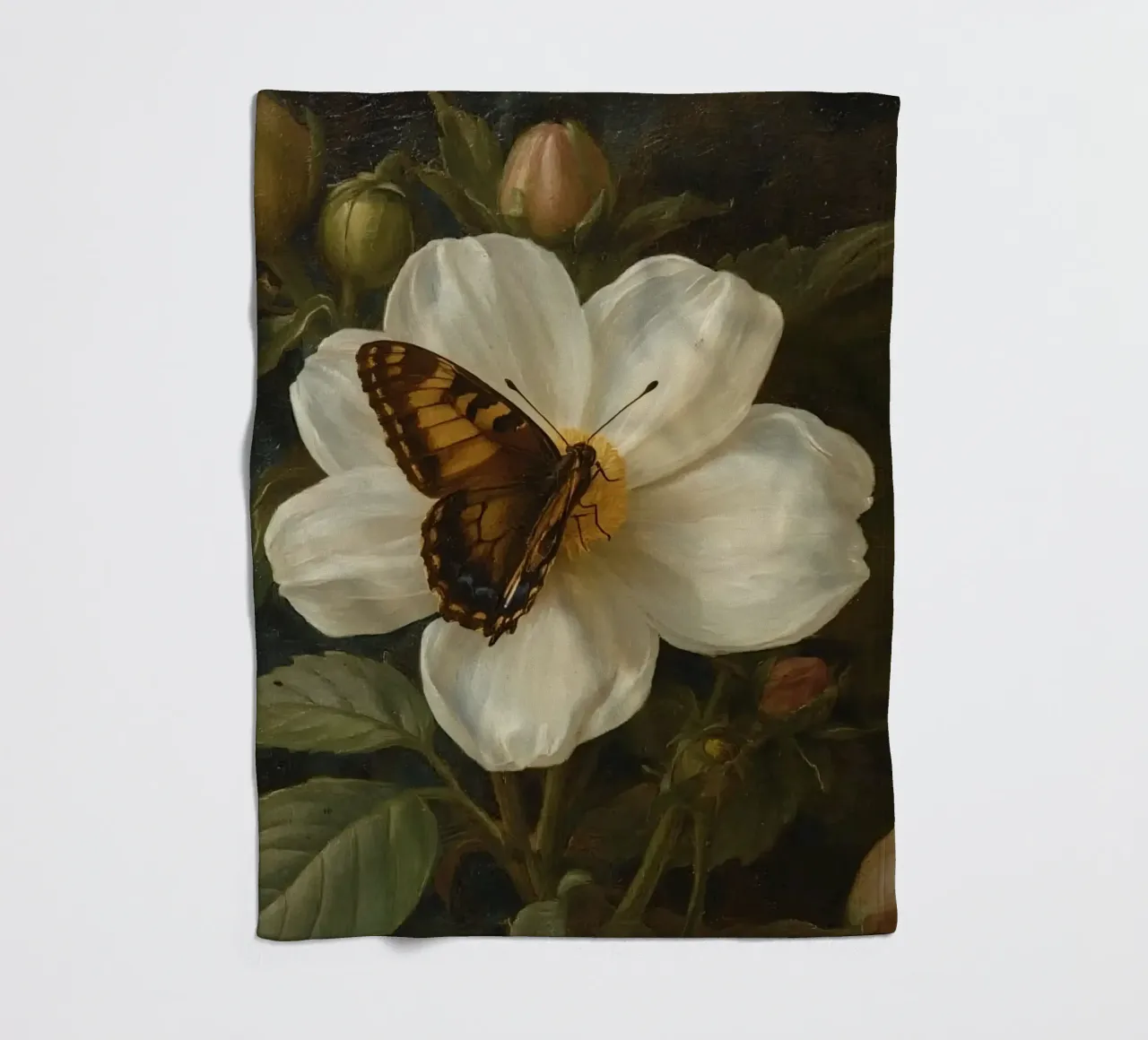 Dipinto a olio di farfalla che si posa su un fiore bianco coperta in pile da DesignDoodle