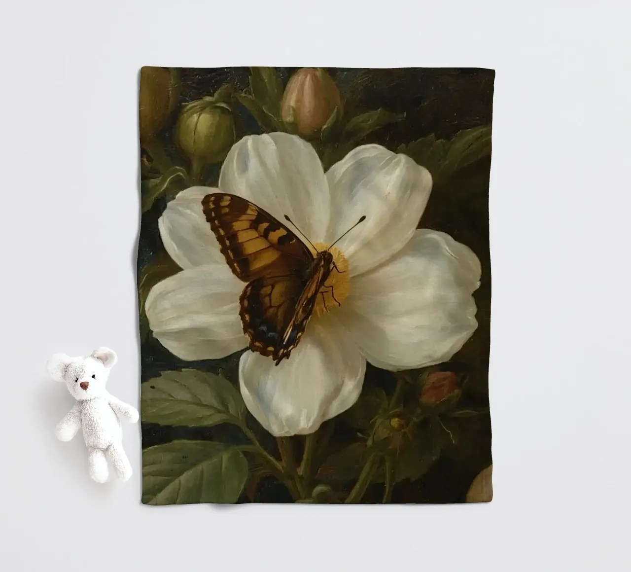 Dipinto a olio di farfalla che si posa su un fiore bianco coperta in pile da DesignDoodle