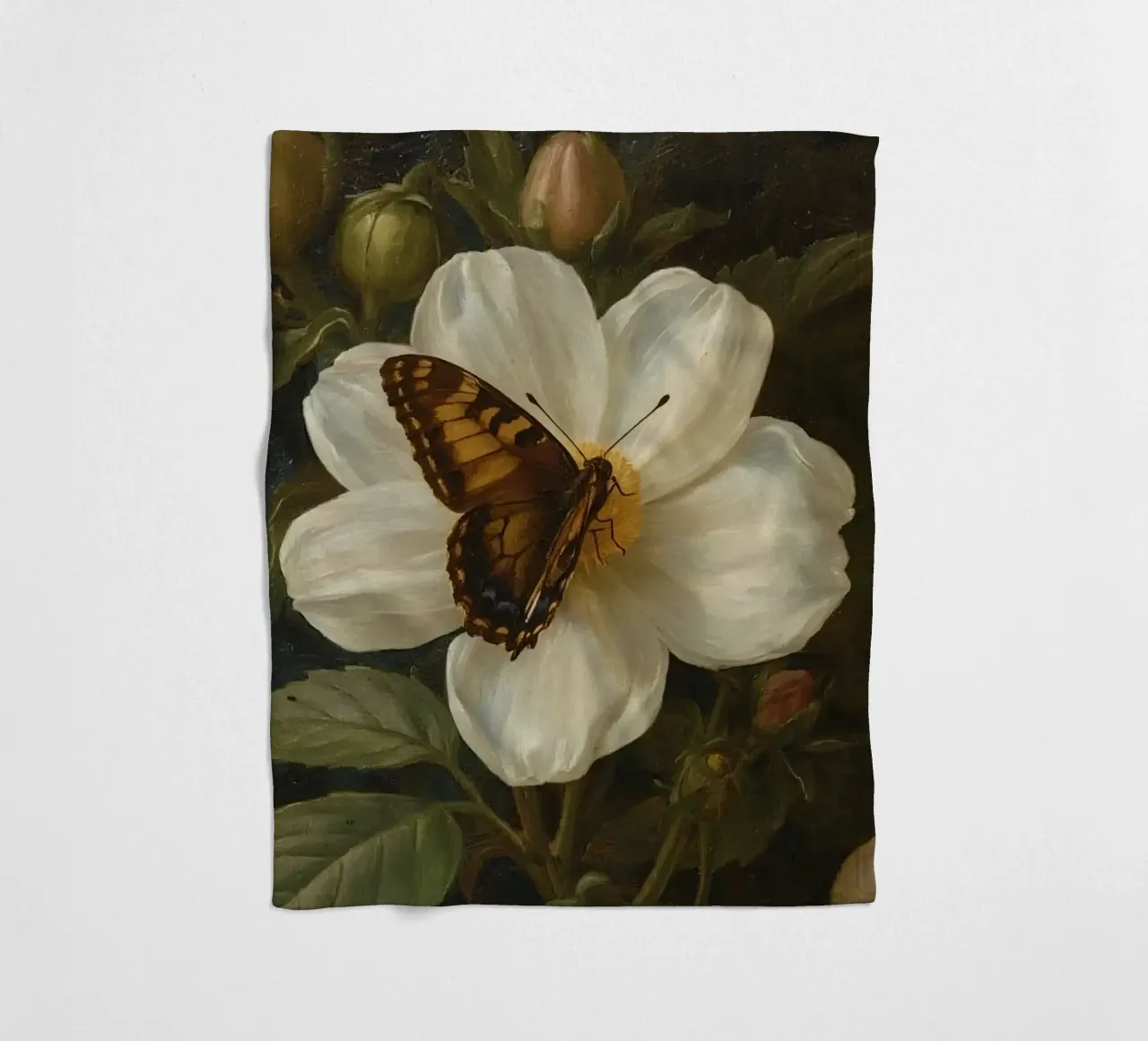 Dipinto a olio di farfalla che si posa su un fiore bianco coperta in pile da DesignDoodle