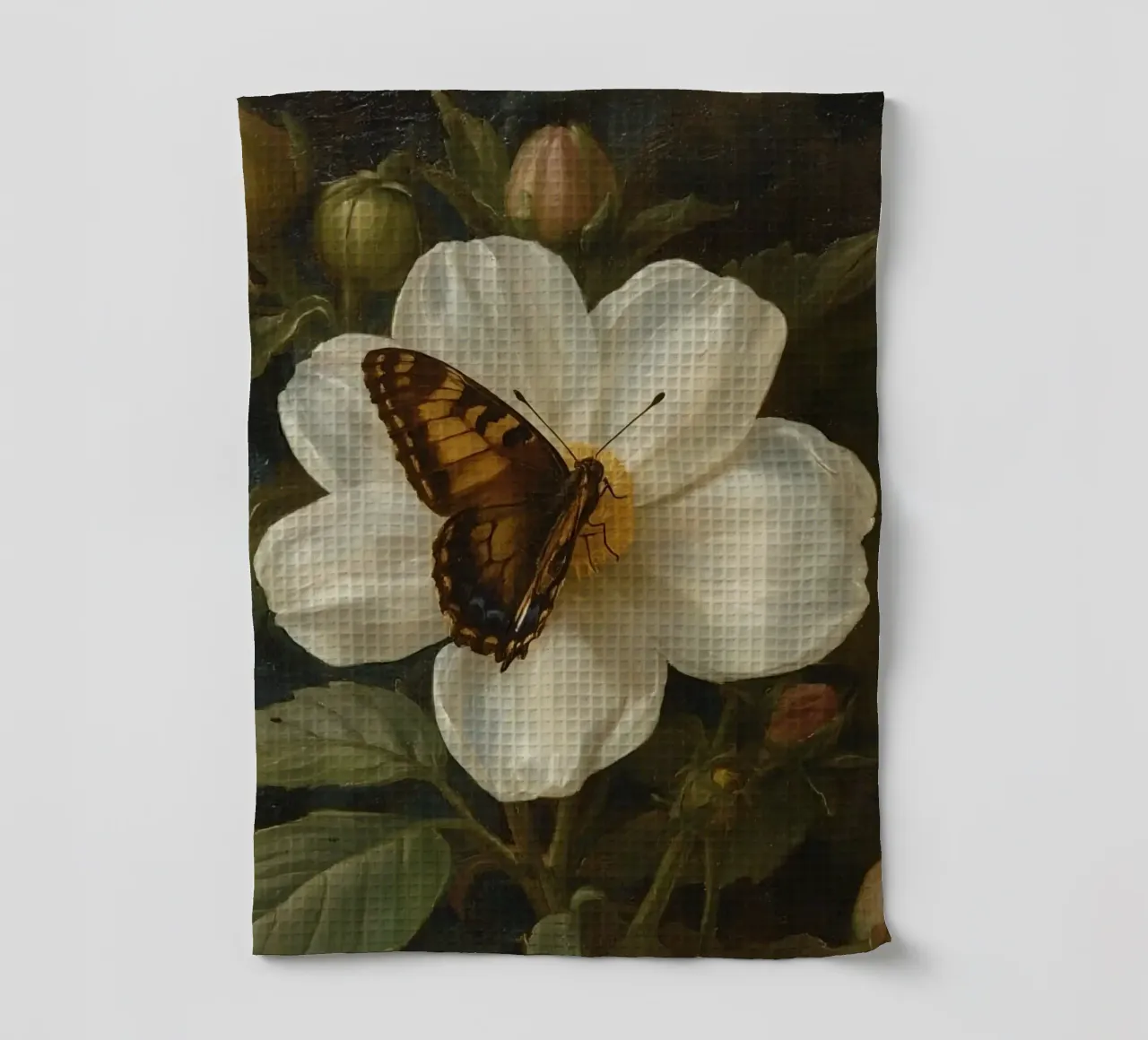 Dipinto a olio di farfalla che si posa su un fiore bianco canovaccio da cucina da DesignDoodle