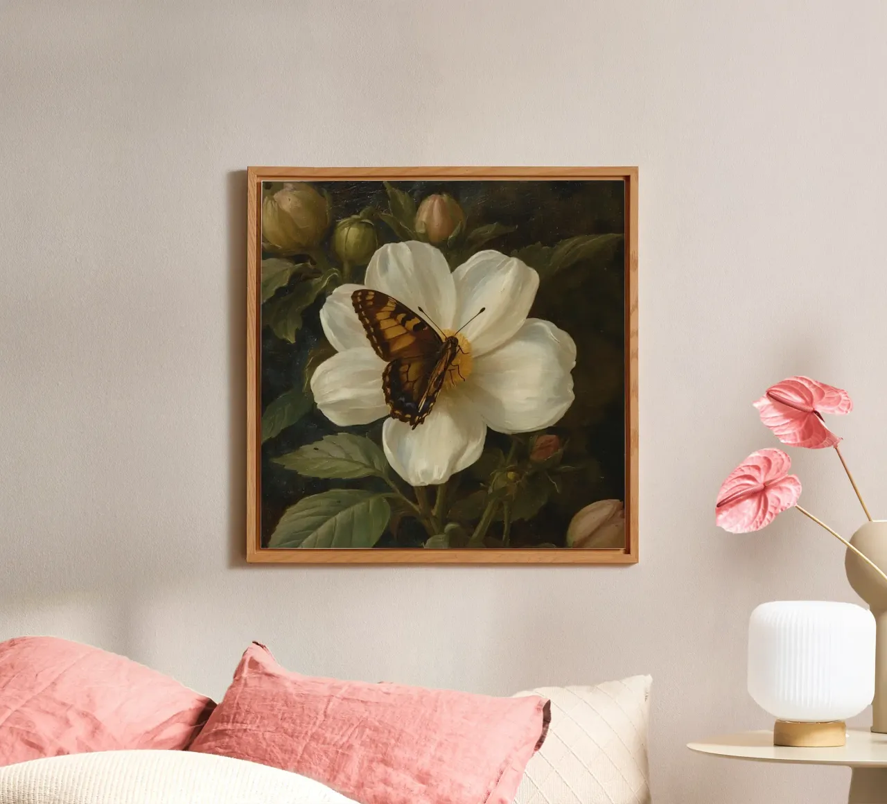 Dipinto a olio di farfalla che si posa su un fiore bianco alluminio dibond da DesignDoodle