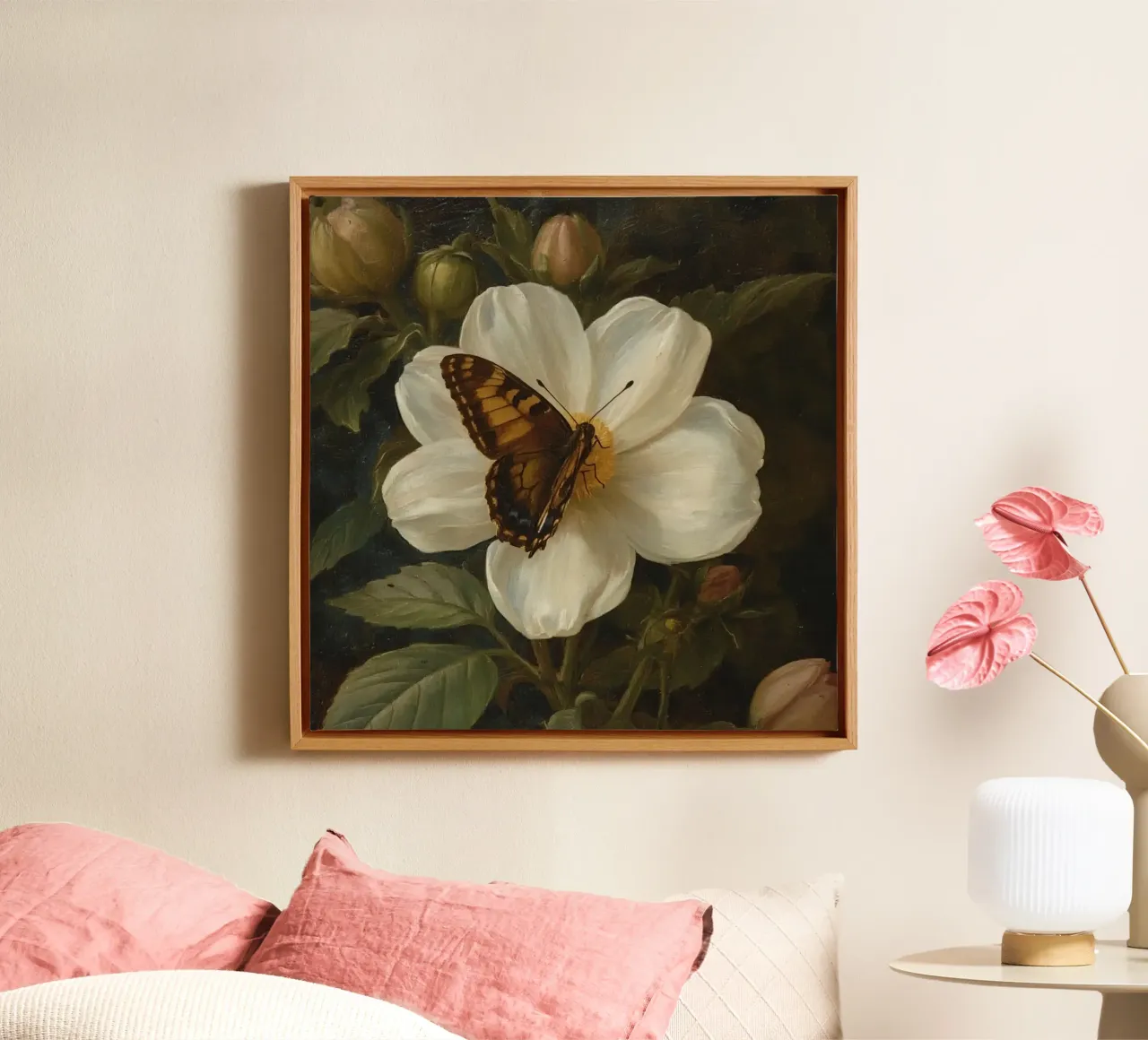 Dipinto a olio di farfalla che si posa su un fiore bianco tela con Cornice a cassetta da DesignDoodle
