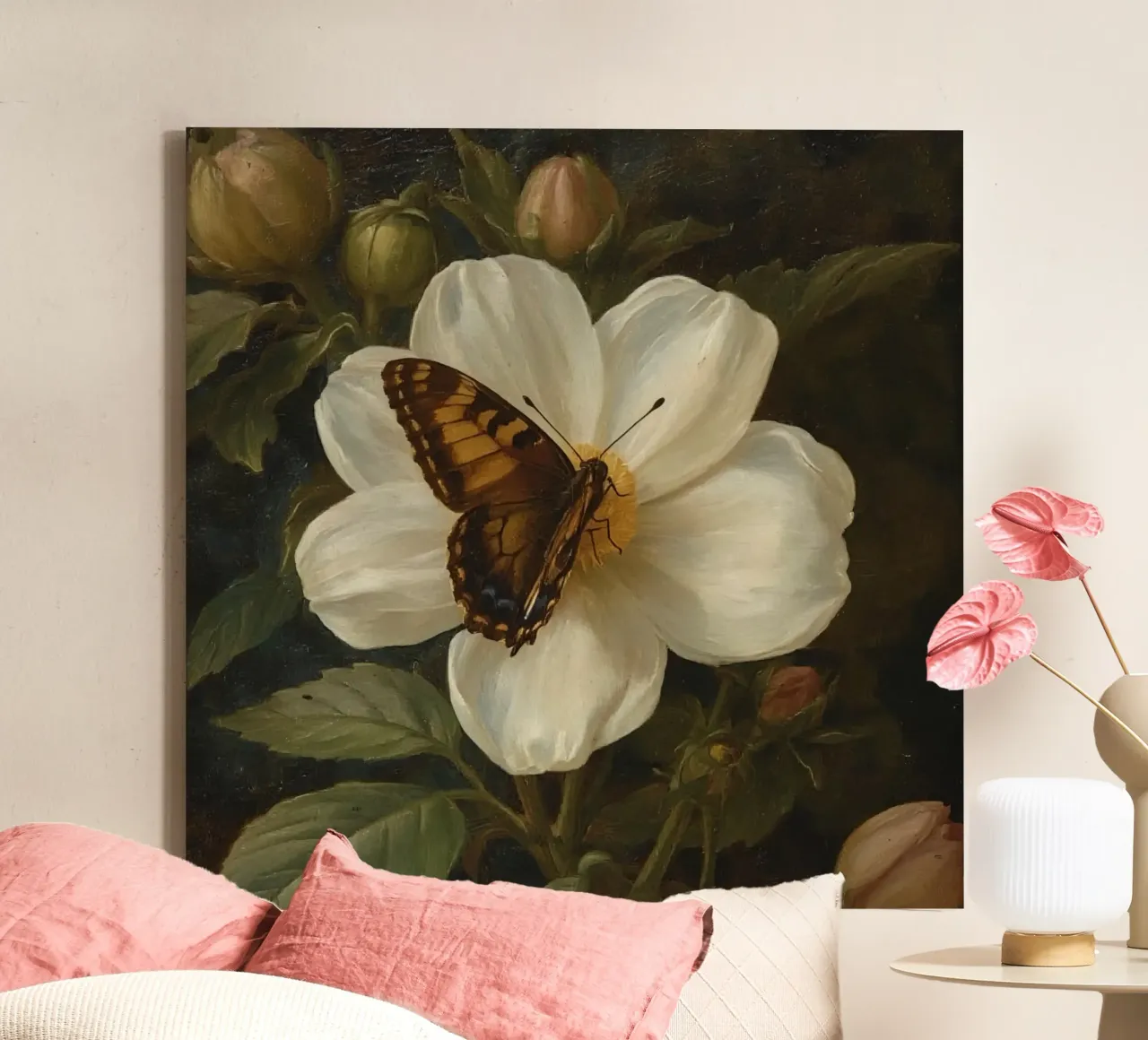 Dipinto a olio di farfalla che si posa su un fiore bianco tela con Cornice a cassetta da DesignDoodle