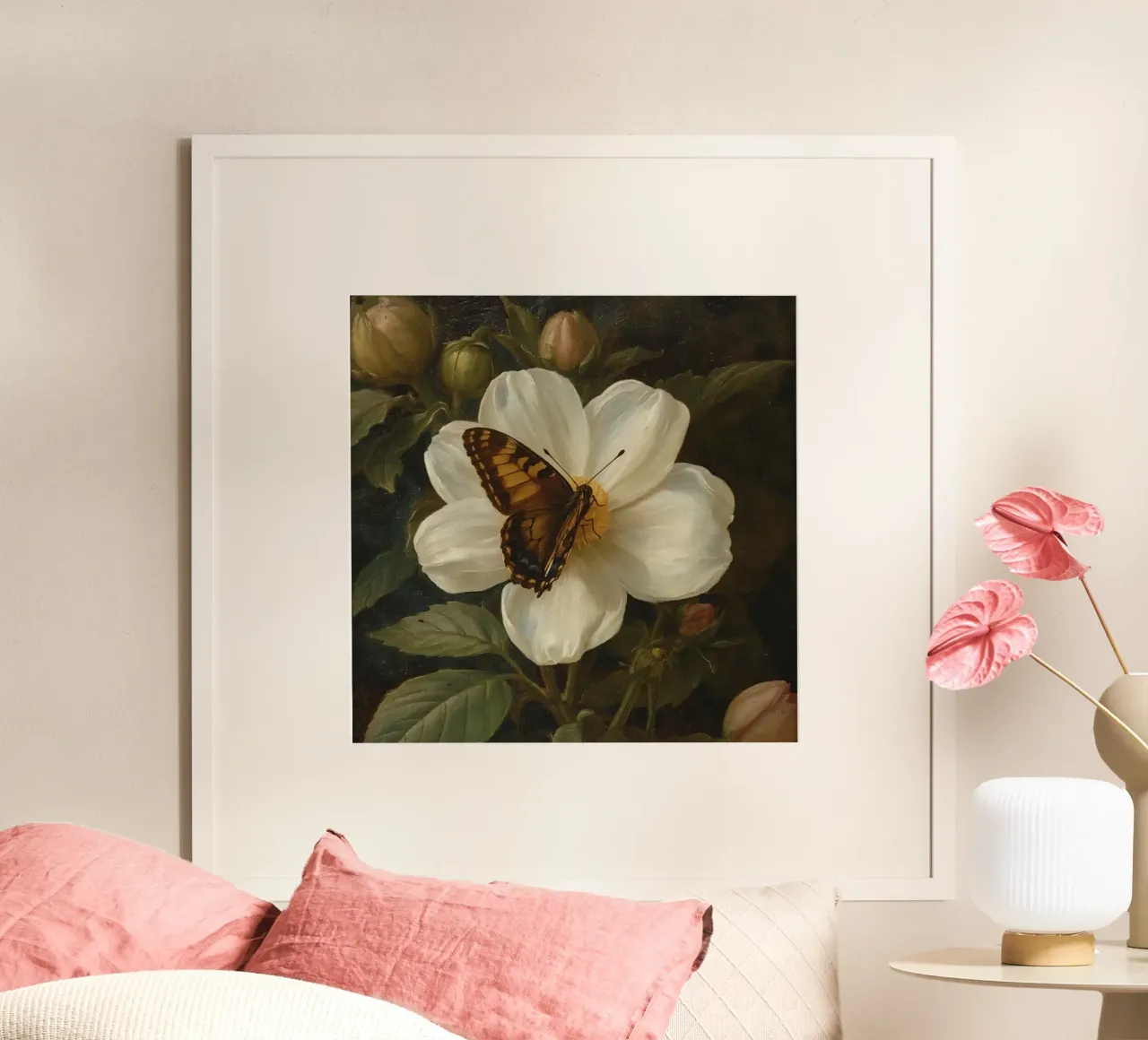 Dipinto a olio di farfalla che si posa su un fiore bianco poster con telaio in alluminio da DesignDoodle
