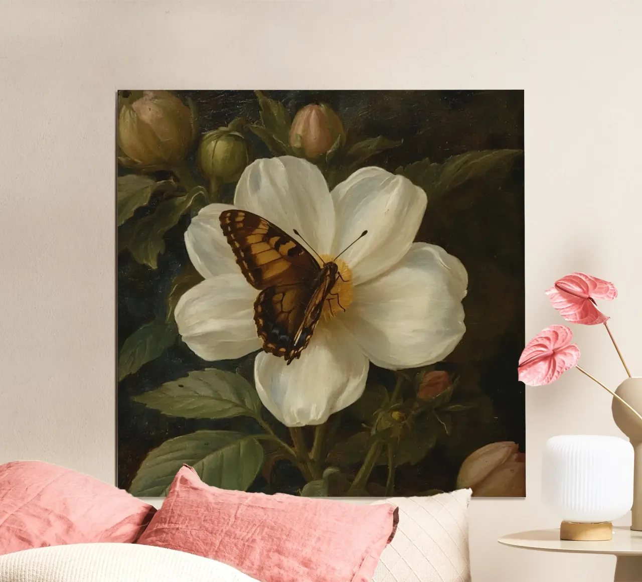 Dipinto a olio di farfalla che si posa su un fiore bianco poster con telaio in alluminio da DesignDoodle
