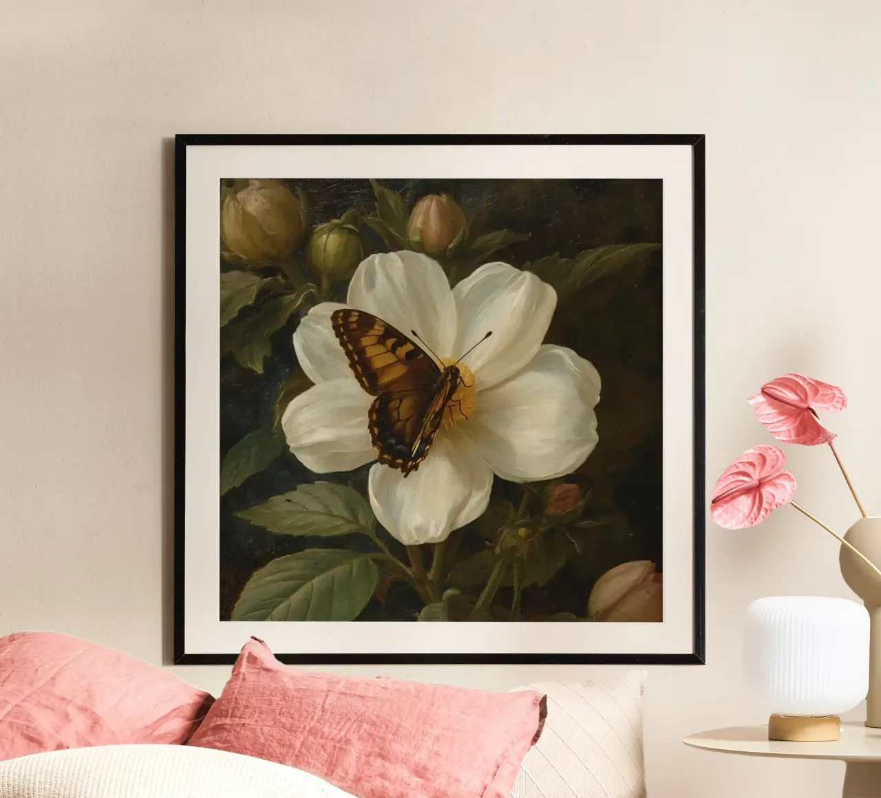 Dipinto a olio di farfalla che si posa su un fiore bianco poster con telaio in alluminio da DesignDoodle