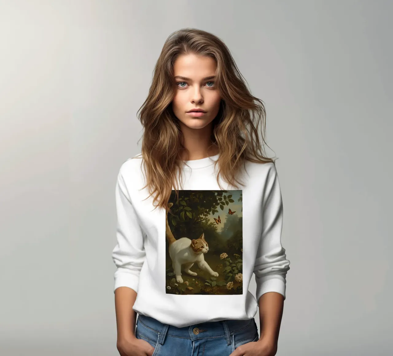 Curious cat exploring a garden while chasing butterflies sweatshirt by DesignDoodle