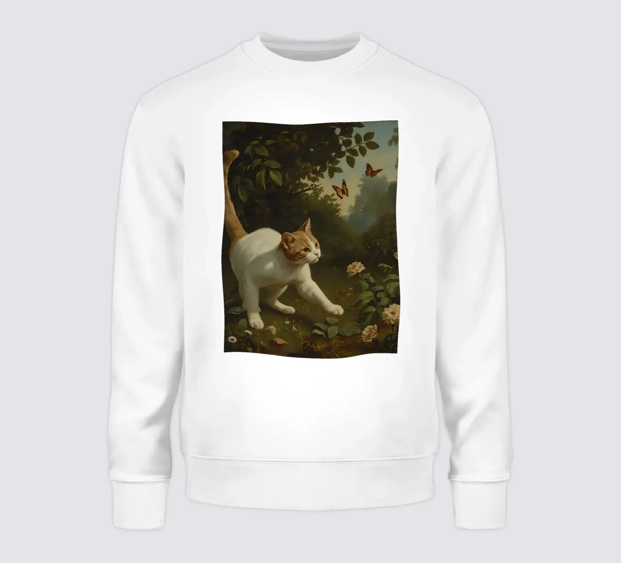 Curious cat exploring a garden while chasing butterflies sweatshirt by DesignDoodle