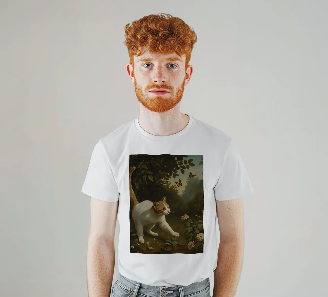 Curious cat exploring a garden while chasing butterflies t-shirt by DesignDoodle