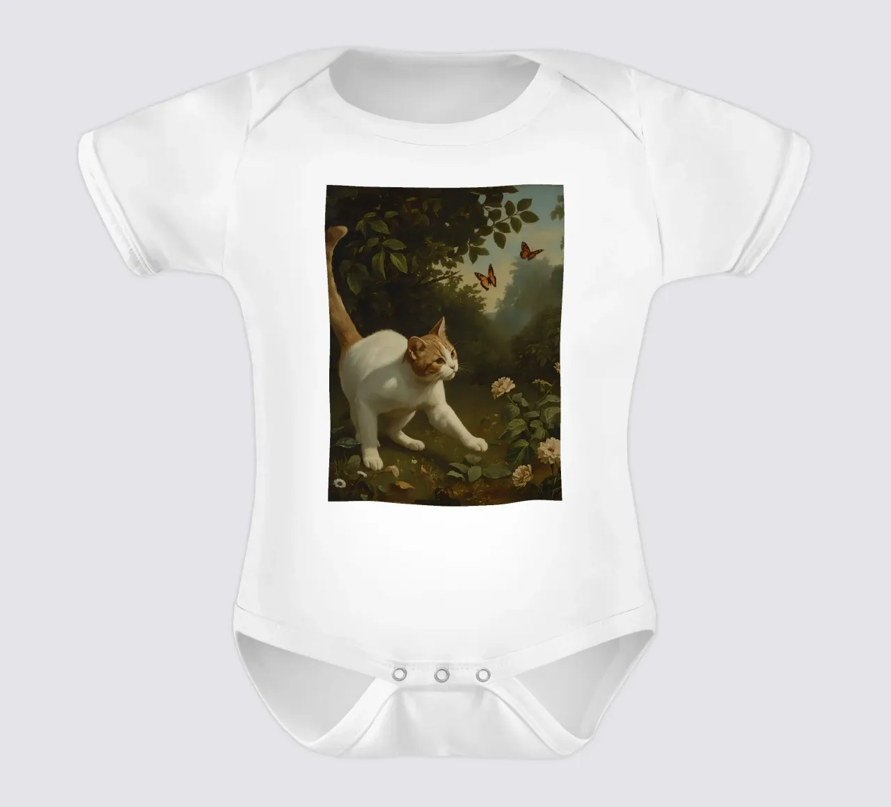 Curious cat exploring a garden while chasing butterflies short-sleeve baby romper by DesignDoodle